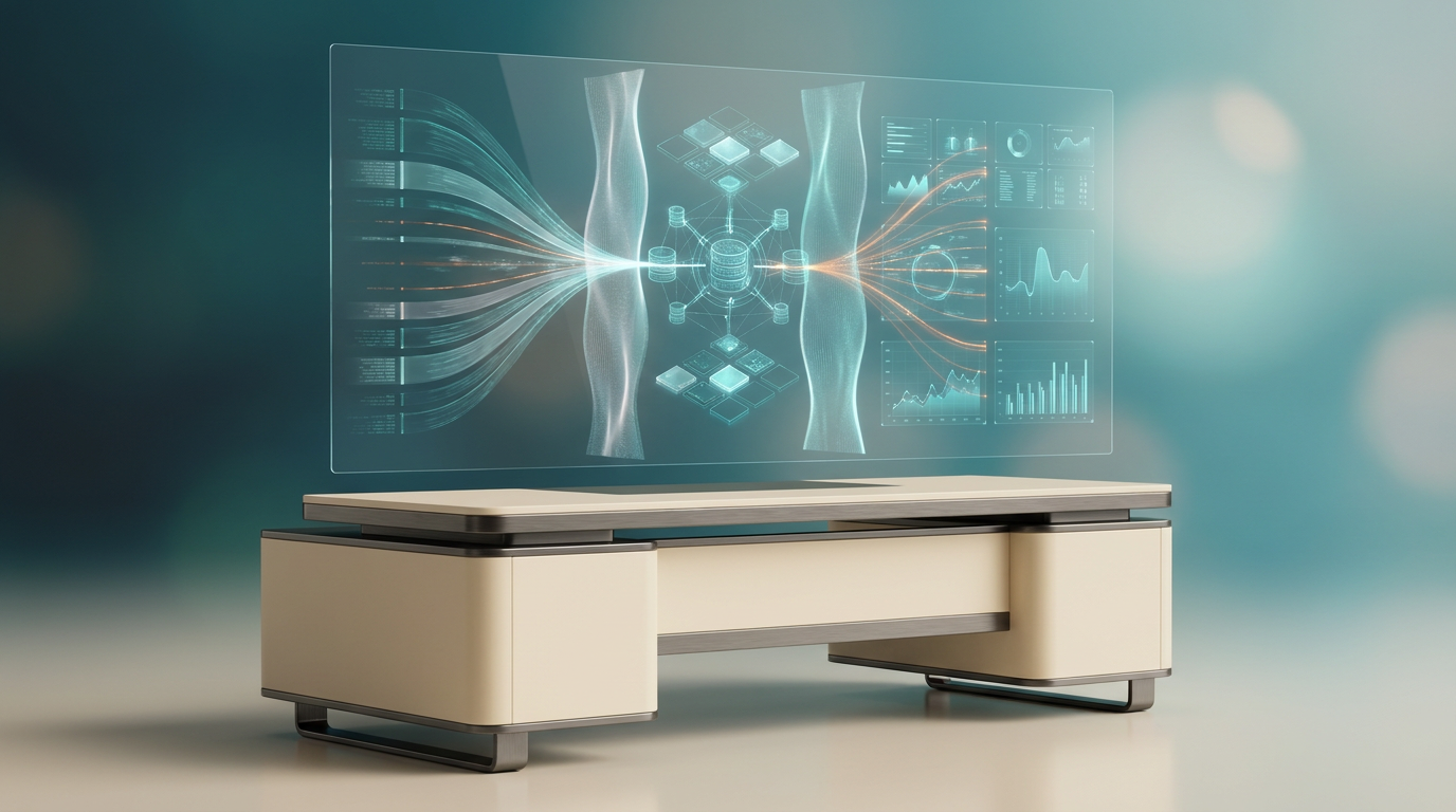 An ultra-modern minimalist executive workstation made of soft warm cream surfaces and brushed metallic gray accents, subtly illuminated by soft key lighting. Above the desk, a complex, floating holographic projection visualizes a multi-tenant SaaS database architecture. This intricate system features numerous distinct, transparent 3D data streams, each representing a 'tenant,' subtly segregated by shimmering deep teal and soft cyan light partitions, flowing into a shared central core. Geometric telemetry graphs and glowing system tiles in deep teal and soft cyan pulse with data. Burnt orange light streaks represent automated data pulses and exponential scaling, highlighting the efficient flow and growth. The background fades into a deep teal to soft cyan gradient, adding depth. No text, no logos. Shot on 85mm prime lens at f/1.8, shallow depth of field, creamy bokeh, cinematic volumetric studio lighting, crisp specular reflections, hyper-realistic 8K textures, 16:9 widescreen aspect ratio.