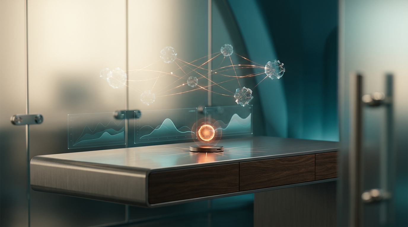 A sophisticated, ultra-modern minimalist executive workstation, bathed in soft warm cream light across its sleek surfaces. Brushed metallic gray architectural elements and high-tech hardware form the backdrop. Floating semi-transparent 3D neural nodes, interconnected by subtle energetic burnt orange light streaks, hover above the desk. Glowing holographic system tiles display intricate, dynamic geometric telemetry graphs in deep teal and soft cyan hues, reflecting ambient volumetric illumination. A central burnt orange automated data pulse emanates from a key focal point, symbolizing exponential AI-driven growth and operational efficiency. The background features a gentle gradient of deep teal and soft cyan, creating depth. No visible text, logos, or typography anywhere in the image. Shot on 85mm prime lens at f/1.8, shallow depth of field, creamy bokeh, cinematic volumetric studio lighting, crisp specular reflections, hyper-realistic 8K textures, 16:9 widescreen aspect ratio.
