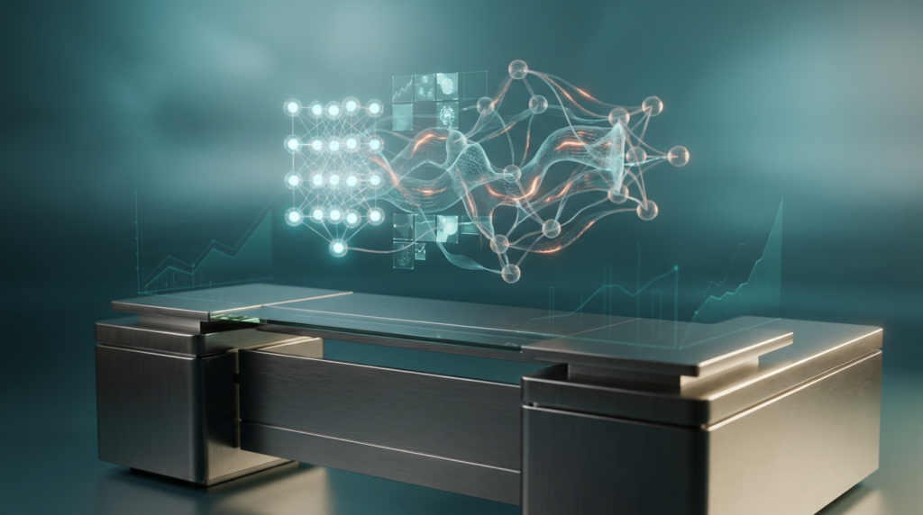 An ultra-modern minimalist executive workstation, featuring sleek brushed metallic gray surfaces, softly illuminated by a warm cream key light. Floating above the desk, a complex network of interconnected, semi-transparent 3D neural nodes and glowing holographic system tiles represents advanced marketing automation. One cluster of nodes, more structured and radiating a soft cyan glow, symbolizes HubSpot CRM. Intertwined with it, a dynamic, fluid network of nodes and data streams, highlighted with subtle burnt orange energetic pulses, visualizes the flexible orchestration power of n8n. Geometric telemetry graphs with an upward trend project faintly in deep teal light across the workspace. The background fades into a smooth volumetric gradient of deep teal and soft cyan, creating profound depth. Crisp specular reflections glint off the polished metallic and glass surfaces, emphasizing the high-tech environment. No visible text, typography, letters, charts with writing, or fake brand logos whatsoever. Shot on 85mm prime lens at f/1.8, shallow depth of field, creamy bokeh, cinematic volumetric studio lighting, hyper-realistic 8K textures, 16:9 widescreen aspect ratio.