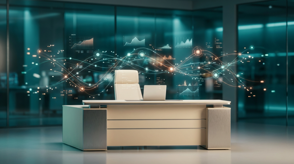 An ultra-modern minimalist executive workstation with soft warm cream surfaces and brushed metallic gray hardware, centered in a sleek, expansive engineering environment. Above and around the desk, a complex, dynamic network of floating semi-transparent 3D neural nodes and glowing holographic system tiles interweave, forming an 'engine' of data generation. Geometric telemetry graphs, abstract and fluid, rise and extend, visualizing the rapid, scaled deployment of digital content. Subtle energetic burnt orange light streaks and automated data pulses flow through this intricate network, highlighting numerous smaller, focused data points representing long-tail opportunities. The scene is bathed in deep teal and soft cyan volumetric ambient illumination, casting rich reflections on glass nodes and creating gradient depth in the background. Crisp specular reflections catch on the brushed metallic gray elements. Shot on 85mm prime lens at f/1.8, shallow depth of field, creamy bokeh, cinematic volumetric studio lighting, hyper-realistic 8K textures. 16:9 widescreen aspect ratio. No visible text or logos.