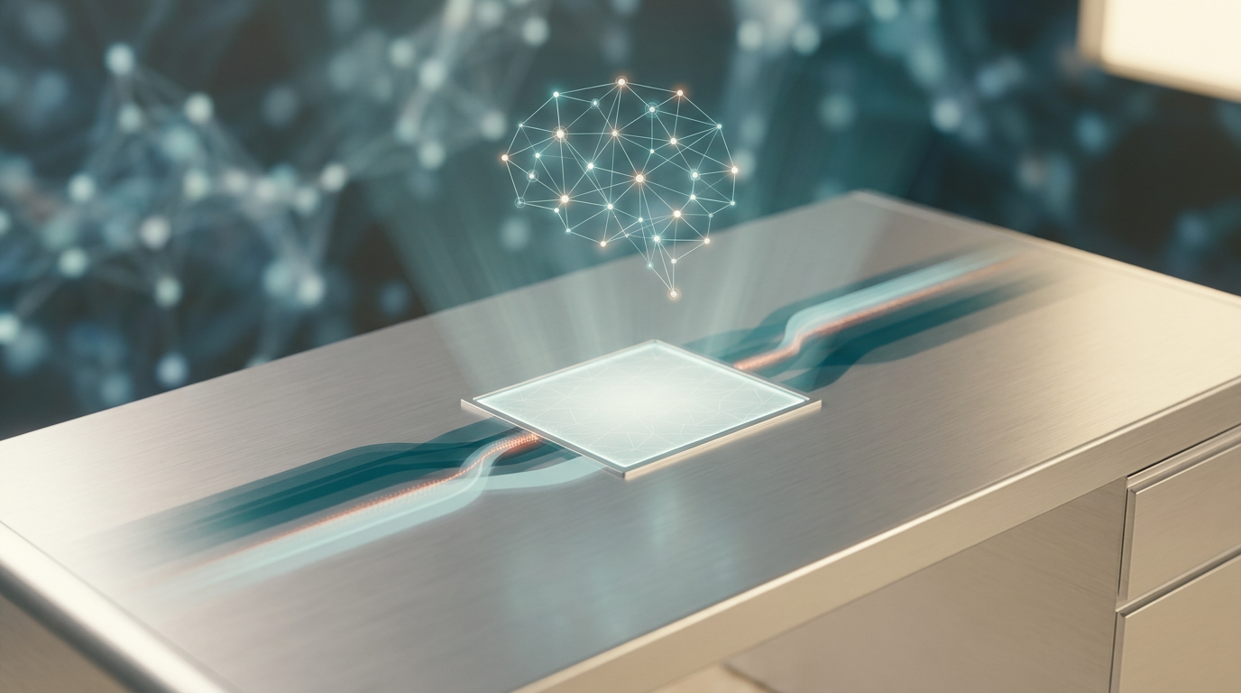 An ultra-modern minimalist executive workstation, brushed metallic gray (#E6E6E6) surfaces, softly illuminated by warm cream light (#FFF4CE). From the workstation, a central, glowing holographic system tile emanates, showcasing the process of Retrieval-Augmented Generation. Multiple subtle, semi-transparent deep teal (#116F76) and soft cyan (#C1E3E6) data streams converge from a blurred background of abstract, shimmering knowledge nodes towards the central tile. A faint, energetic burnt orange (#E06719) data pulse glows along the main convergence path, feeding into a clean, geometrically precise holographic projection of a telemetry graph or neural node structure (with no text or numbers) emerging from the central tile, representing accurate, grounded output. The scene features cinematic volumetric studio lighting, crisp specular reflections, and a shallow depth of field with creamy bokeh. Shot on an 85mm prime lens at f/1.8, hyper-realistic 8K textures, 16:9 widescreen aspect ratio, zero visible text or logos.