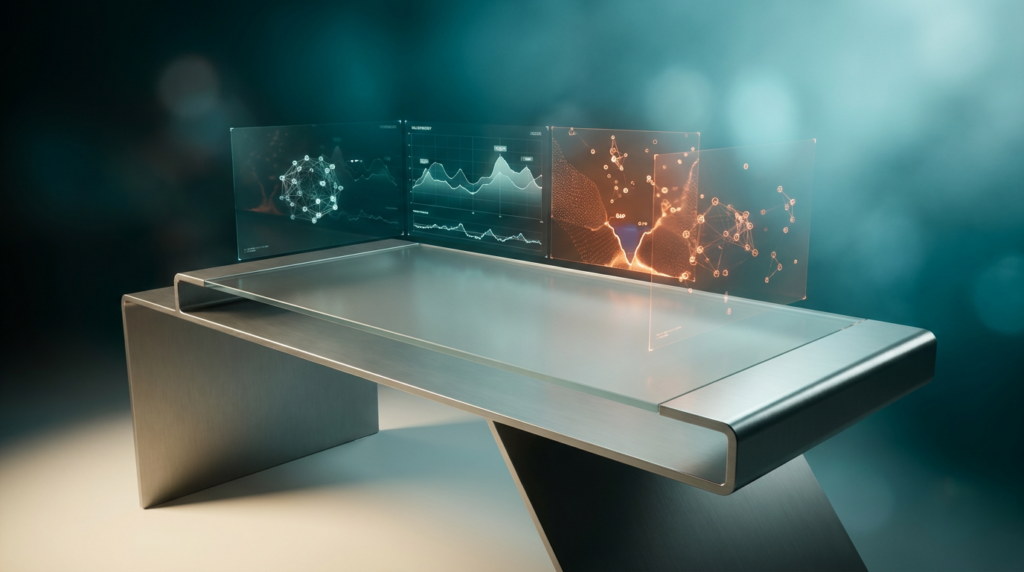 A photorealistic image of an ultra-modern minimalist executive workstation, 16:9 widescreen aspect ratio. A sleek, ergonomic desk crafted from brushed metallic gray with matte glass finishes is prominently featured, illuminated by a soft warm cream key light. Above the workspace, dynamic, semi-transparent holographic projections display complex geometric telemetry graphs and intricate 3D neural nodes. One section of the holographic display uses deep teal and soft cyan to represent existing keyword performance, while an adjacent section pulsates with a subtle burnt orange glow, highlighting newly discovered data points and connections that symbolize 'hidden' competitor keywords and untapped opportunities, clearly depicting the 'gap'. Ambient volumetric illumination transitions from deep teal to soft cyan in the background, casting crisp specular reflections on all surfaces. Shot on 85mm prime lens at f/1.8, shallow depth of field, creamy bokeh, cinematic volumetric studio lighting, hyper-realistic 8K textures, zero visible text or logos.