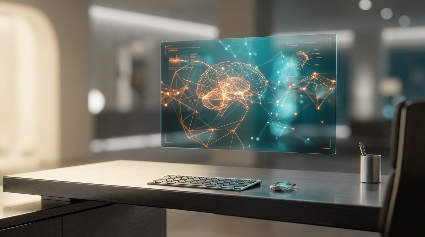 Photorealistic image of an ultra-modern minimalist executive workstation, impeccably clean, featuring a large, floating semi-transparent holographic display. The display actively renders sophisticated, dynamic motion graphics: fluid geometric telemetry graphs, abstract data flow visualizations, and interconnected glowing neural nodes, all evolving in a captivating narrative sequence, symbolizing strategic storytelling and conversion. Subtle energetic light streaks in burnt orange (`#E06719`) pulse through the holographic elements, emphasizing key insights, against a backdrop of deep teal (`#116F76`) and soft cyan (`#C1E3E6`) ambient volumetric illumination and background gradient depth. Soft warm cream (`#FFF4CE`) key lighting gently illuminates the polished, brushed metallic gray (`#E6E6E6`) desk surface and minimalist hardware elements. Shot on 85mm prime lens at f/1.8, shallow depth of field, creamy bokeh, cinematic volumetric studio lighting, crisp specular reflections, hyper-realistic 8K textures. No visible text, typography, letters, charts with writing, or fake brand logos. --ar 16:9