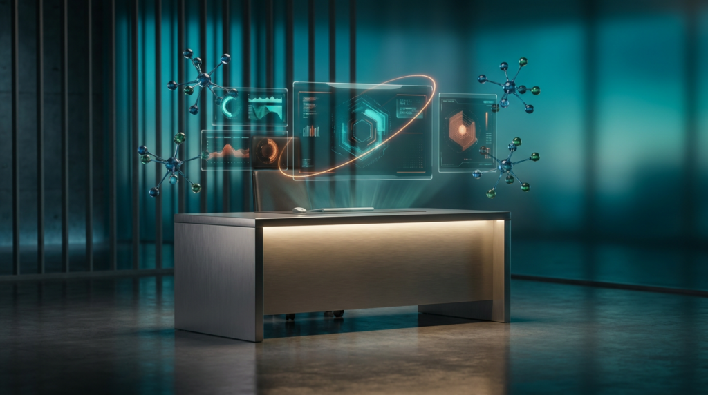An ultra-modern minimalist executive workstation, featuring sleek brushed metallic gray high-tech hardware and architectural elements, bathed in soft warm cream key lighting across polished minimalist workspace surfaces. Hovering above the desk are dynamic, glowing holographic system tiles displaying abstract, geometrically refined telemetry graphs that visually represent data-driven growth and conversion rate optimization, with zero visible text. Floating semi-transparent 3D neural nodes with deep teal and soft cyan glass node reflections subtly orbit, symbolizing intelligent systems and complex data processing. A subtle burnt orange energetic light streak emanates from one of the central holographic tiles, indicating an automated data pulse and focal point glow, contrasting against the deep teal and soft cyan volumetric ambient illumination creating rich background gradient depth. The scene is shot on 85mm prime lens at f/1.8, with shallow depth of field, creamy bokeh, cinematic volumetric studio lighting, crisp specular reflections, and hyper-realistic 8K textures. --ar 16:9