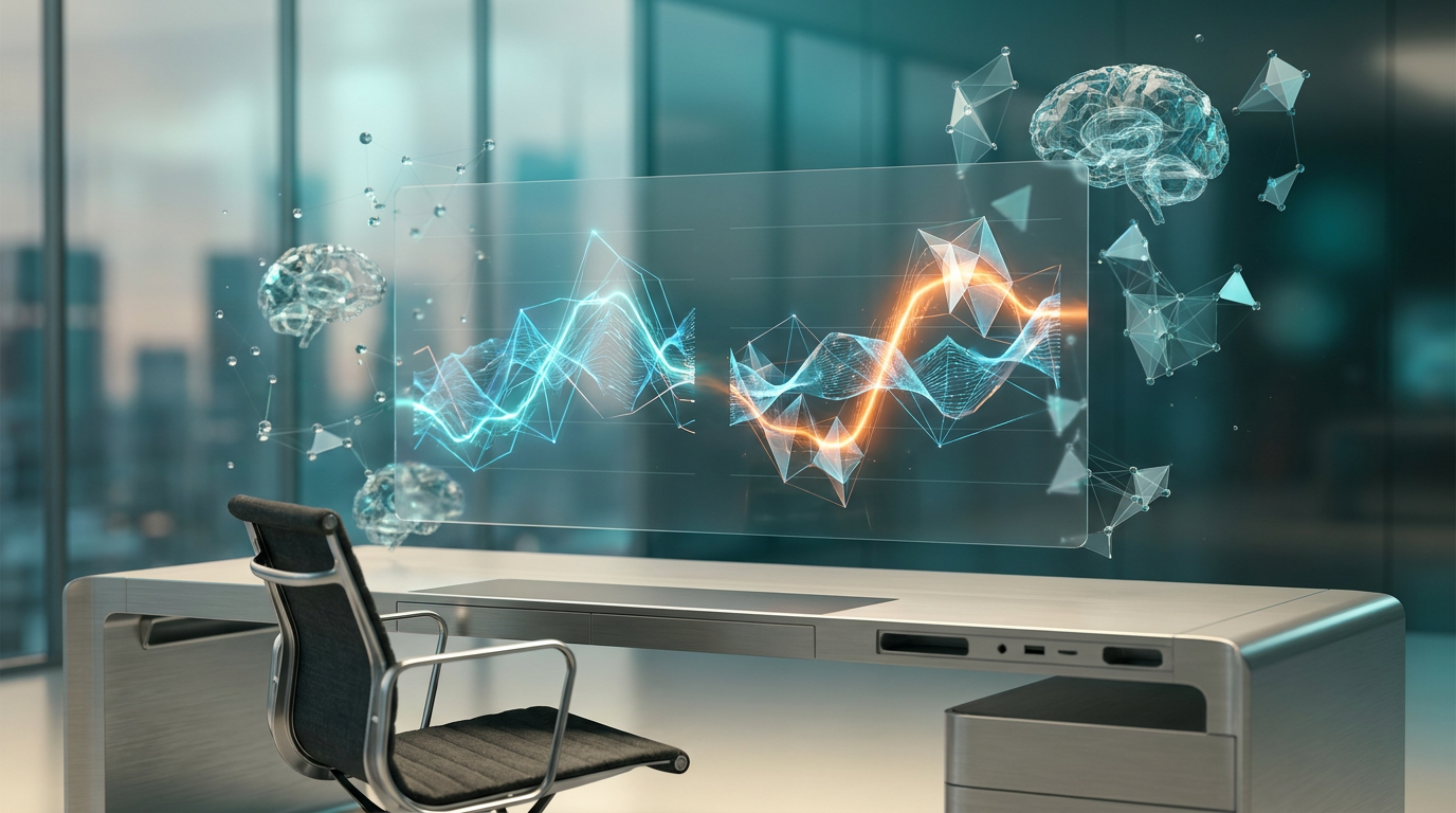 A hyper-realistic 8K image of an ultra-modern minimalist executive workstation, softly illuminated by warm cream key lighting (`#FFF4CE`) across its surfaces. A prominent, semi-transparent holographic display floats above the desk, showcasing dynamic, evolving geometric telemetry graphs that visually represent and compare two distinct data sets from an A/B test. A subtle, energetic burnt orange (`#E06719`) light streak or glowing data pulse highlights a statistically significant 'winning' outcome within one of the graph's data paths, serving as a focal point. Floating around the display are intricate, semi-transparent 3D neural nodes, reflecting ambient deep teal (`#116F76`) and soft cyan (`#C1E3E6`) volumetric illumination, which also creates a gradient depth in the background. The workstation itself features sleek, brushed metallic gray (`#E6E6E6`) hardware and architectural elements. The scene emphasizes data precision, clear insights, and high-tech decision-making, with crisp specular reflections and creamy bokeh in the shallow depth of field. No visible text, typography, letters, charts with writing, or fake brand logos. Shot on 85mm prime lens at f/1.8, cinematic volumetric studio lighting. 16:9 widescreen aspect ratio.