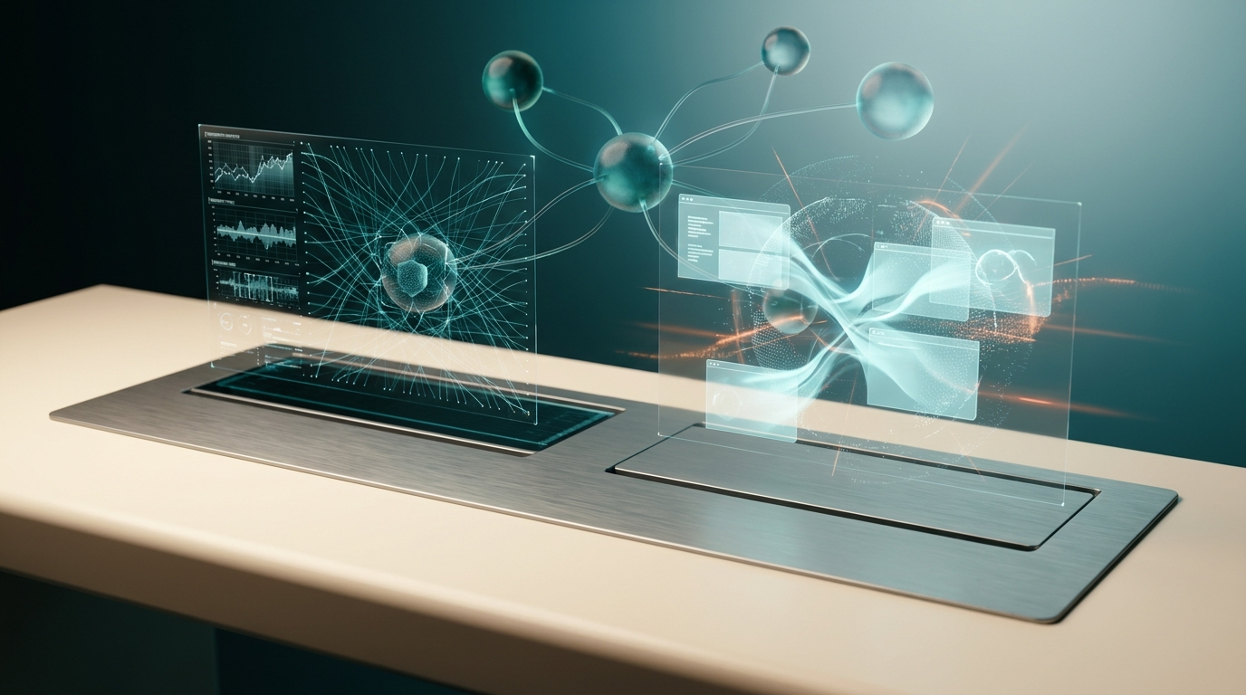 An ultra-modern minimalist executive workstation featuring a brushed metallic gray high-tech console integrated into a soft warm cream desktop surface. Two distinct, semi-transparent holographic interface projections rise from the desk: the left displays dense, intricate geometric telemetry graphs and a tightly woven, secure network of deep teal glowing data lines converging into a central, protected neural node, symbolizing self-hosted control and security. The right side shows more expansive, dynamically flowing soft cyan holographic system tiles and abstract global network connections, with subtle, energetic burnt orange data pulses radiating outwards, symbolizing cloud agility and scalability. Ethereal 3D neural nodes float above the desk, glowing softly with an ambient deep teal and soft cyan gradient, visually intertwining the two concepts. Cinematic volumetric studio lighting illuminates the scene, with soft warm cream key lights on the desktop, and the deep teal and soft cyan creating ambient background gradient depth and glass node reflections. Subtle burnt orange light streaks emphasize data flow. Shot on 85mm prime lens at f/1.8, shallow depth of field, creamy bokeh, crisp specular reflections, hyper-realistic 8K textures. ZERO TEXT, NO LOGOS. 16:9 widescreen aspect ratio.