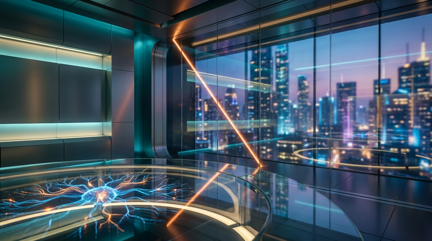 A wide-angle, cinematic interior shot of a sophisticated data-science studio featuring an expansive, floor-to-ceiling glass wall that reveals a blurred, luminous digital cityscape. The foreground is dominated by a sleek, curved workstation with a glass-topped surface reflecting a cascading, abstract 3D visualization of neural network pathways and information nodes. The lighting is meticulously balanced with warm cream tones providing soft focus on the central workspace, while deep teal and soft cyan ambient glows emanate from the hidden recesses of the architecture, highlighting the clean, metallic gray surfaces. A singular, high-energy stroke of burnt orange light slices through the scene, reflecting sharply on the glass to symbolize the precision of AI-driven retrieval and search authority. The composition is shot on an 85mm prime lens at f/1.8, resulting in a crisp, hyper-realistic, high-end commercial aesthetic with a shallow depth of field, 8K resolution, capturing the essence of future-proofed digital infrastructure without any text, logos, or visible characters.