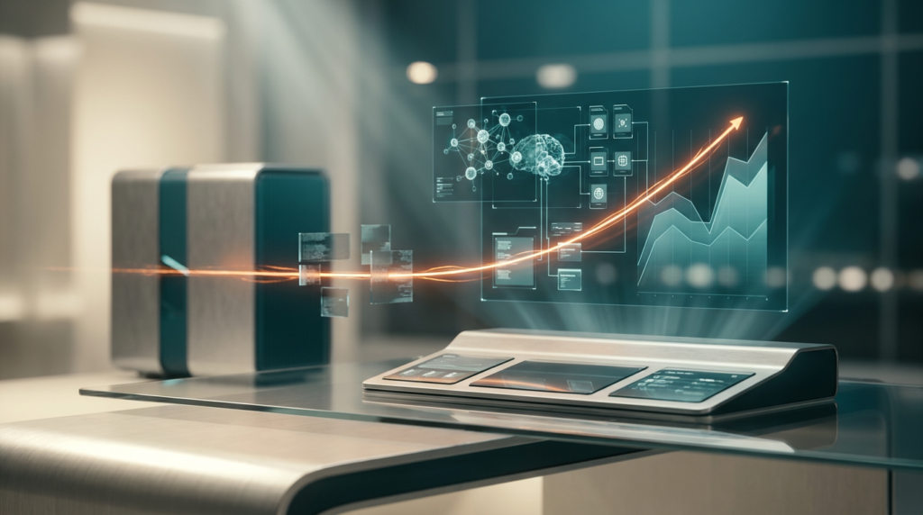 An ultra-modern minimalist executive workstation, pristine and sleek, dominates the foreground. On the desk surface, soft warm cream light bathes a brushed metallic gray console. Above it, a complex array of floating semi-transparent 3D neural nodes and glowing holographic system tiles, rendered in deep teal and soft cyan, illustrate a sophisticated data flow. A single, vibrant burnt orange energetic light streak, representing an automated data pulse, originates from an abstract, conceptual server (subtly brushed metallic gray and deep teal, blurred in the mid-ground) and seamlessly bypasses subtle, fragmented data blocks (symbolizing privacy limits) before merging into a dynamic geometric telemetry graph displaying upward trends on the main holographic display. The scene is bathed in cinematic volumetric studio lighting, creating dramatic light rays and crisp specular reflections across metallic and glass surfaces. Shallow depth of field creates a creamy bokeh in the background, transitioning into a deep teal to soft cyan gradient depth. Hyper-realistic 8K textures are visible on all elements. Shot on 85mm prime lens at f/1.8. No visible text, typography, letters, charts with writing, or fake brand logos. 16:9 widescreen aspect ratio.