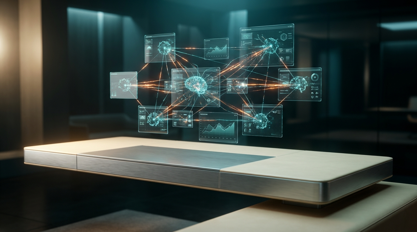 16:9 widescreen aspect ratio. Ultra-modern minimalist executive workstation featuring brushed metallic gray finishes and soft warm cream surfaces, precisely illuminated by a soft key light. Floating above the desk, a dynamic network of interconnected, semi-transparent 3D neural nodes and glowing holographic system tiles visualize complex workflow orchestration. Energetic burnt orange light streaks represent automated data pulses flowing between elements, highlighting key connections. Subtle geometric telemetry graphs animate across the holographic surfaces. Ambient volumetric illumination in deep teal and soft cyan hues provides depth to the background and creates crisp specular reflections on the glass-like holographic elements. Shot on 85mm prime lens at f/1.8, shallow depth of field, creamy bokeh, cinematic volumetric studio lighting, crisp specular reflections, hyper-realistic 8K textures. ZERO visible text, typography, letters, charts with writing, or fake brand logos.