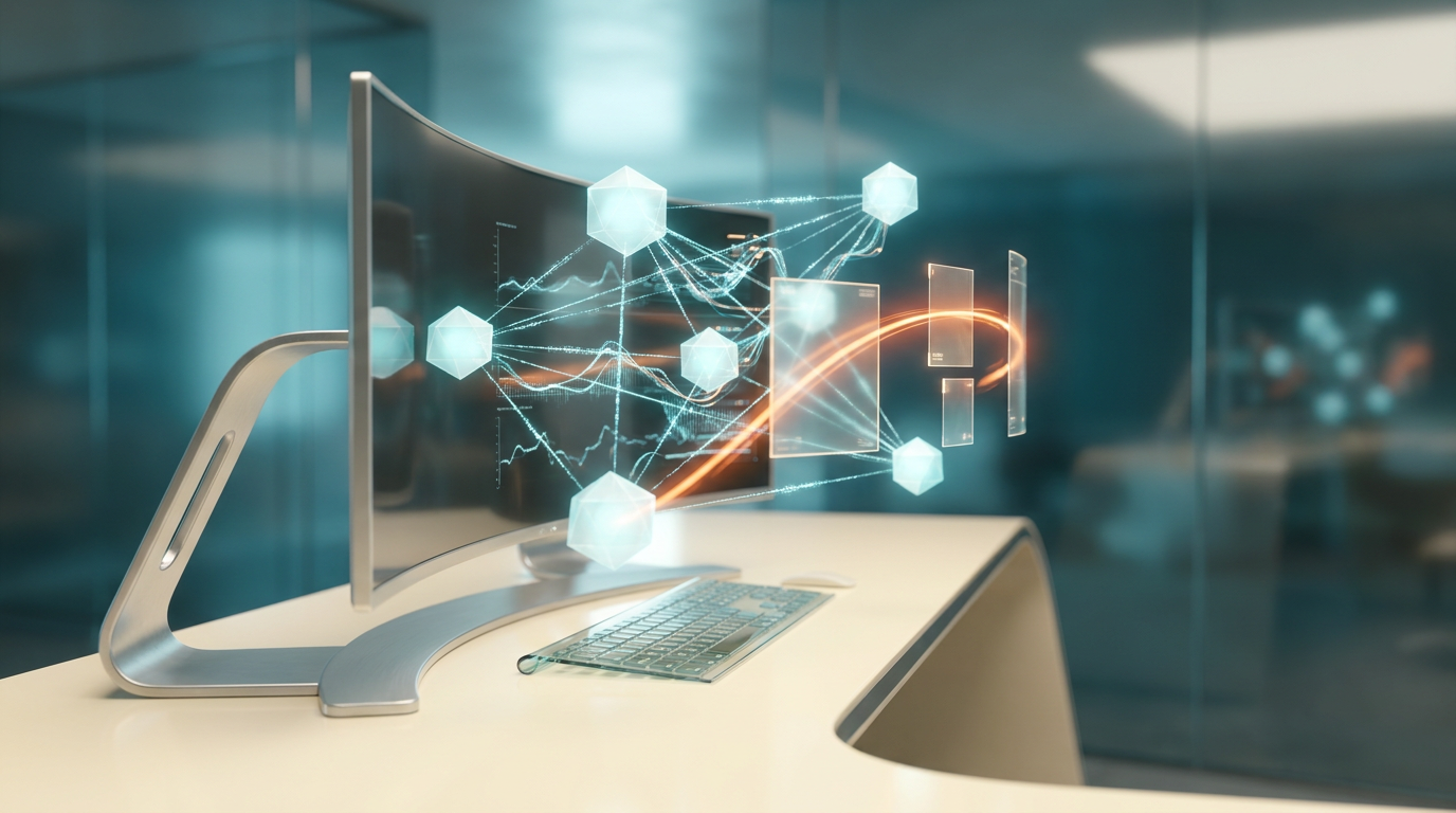 An ultra-modern minimalist executive workstation, pristine surfaces in `#FFF4CE` (Soft Warm Cream), anchored by sleek hardware in `#E6E6E6` (Brushed Metallic Gray). Floating above the desk, a dynamic network of semi-transparent 3D neural nodes glows with soft `#C1E3E6` (Soft Cyan) ambient light, interconnected by intricate geometric telemetry graphs that pulse with an upward trajectory. A precise, energetic streak of `#E06719` (Burnt Orange) light traces a path through a series of glowing holographic system tiles, symbolizing a data pulse or optimization process on complex digital architecture. The background dissolves into a deep gradient of `#116F76` (Deep Teal) and `#C1E3E6` (Soft Cyan) volumetric illumination with subtle glass node reflections. No visible text, typography, letters, charts with writing, or fake brand logos. Shot on 85mm prime lens at f/1.8, shallow depth of field, creamy bokeh, cinematic volumetric studio lighting, crisp specular reflections, hyper-realistic 8K textures, 16:9 widescreen aspect ratio.