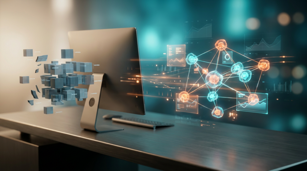 An ultra-modern minimalist executive workstation, featuring sleek brushed metallic gray surfaces under soft warm cream key lighting and cinematic volumetric studio illumination. The scene depicts a profound shift in data understanding: on one side, a dense, less vibrant accumulation of disconnected, blocky holographic data fragments representing outdated keyword density. Contrasting this, a vibrant, expansive, and deeply interconnected network of floating semi-transparent 3D neural nodes and glowing holographic system tiles emerges, signifying topical authority and Google's Knowledge Graph. Subtle energetic burnt orange light streaks and automated data pulses flow dynamically between these complex, interwoven entities, all set against an ambient deep teal and soft cyan background gradient, providing depth. Crisp geometric telemetry graphs are subtly integrated into the interconnected structures. Shot on 85mm prime lens at f/1.8, shallow depth of field, creamy bokeh, crisp specular reflections, hyper-realistic 8K textures, 16:9 widescreen aspect ratio, no visible text, no logos.
