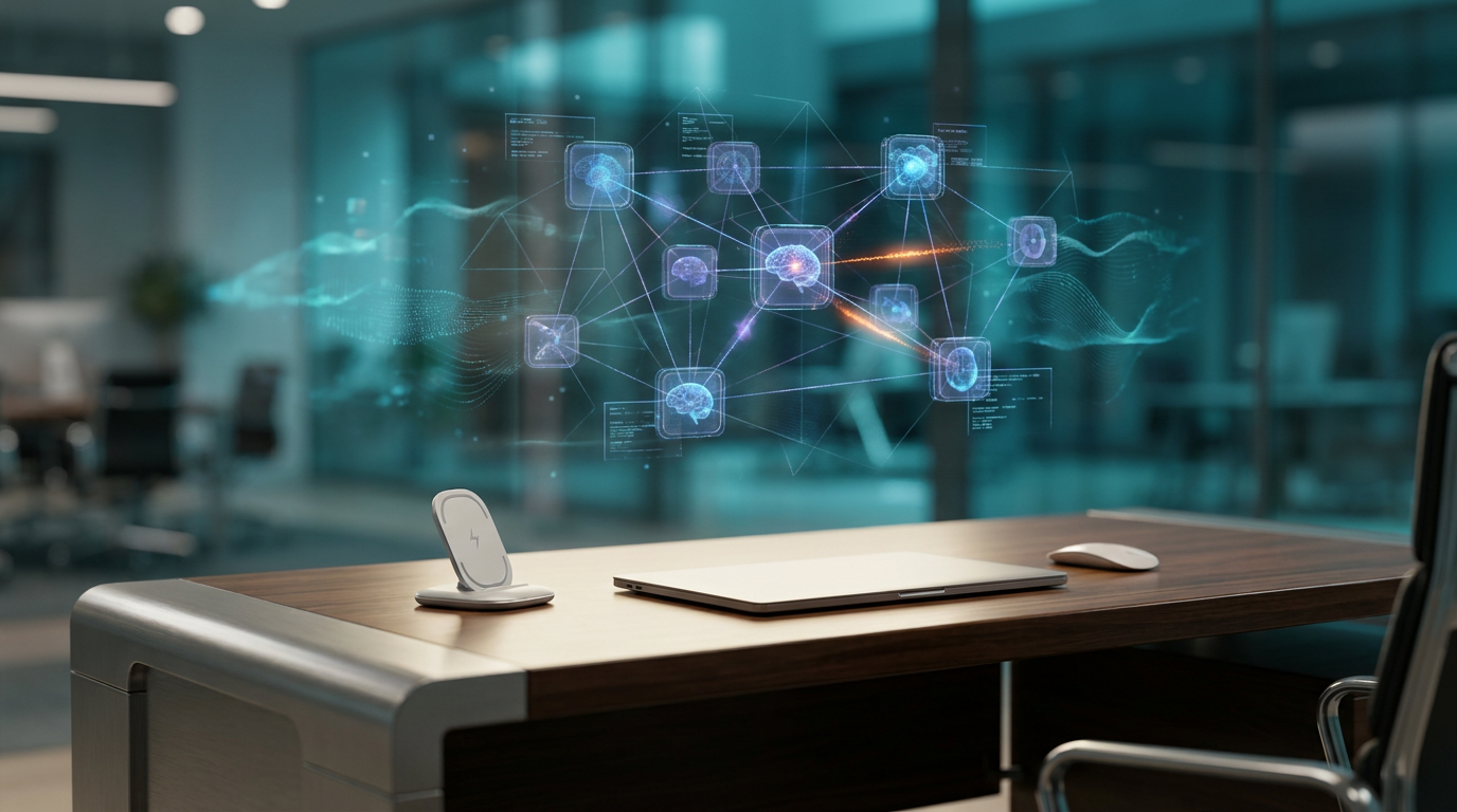 16:9 widescreen aspect ratio. A pristine, ultra-modern minimalist executive workstation, shot on 85mm prime lens at f/1.8, with shallow depth of field and creamy bokeh. The desk surface, illuminated by soft warm cream key lighting (`#FFF4CE`), features sleek brushed metallic gray (`#E6E6E6`) hardware. Above the workspace, a dynamic arrangement of interconnected floating, semi-transparent 3D neural nodes and glowing holographic system tiles materialize, representing various types of business automation and optimized processes. Geometric telemetry graphs subtly animate across these ethereal displays, illustrating streamlined data flow and efficiency. Ambient volumetric cinematic studio lighting bathes the scene in deep teal (`#116F76`) and soft cyan (`#C1E3E6`) hues, creating gradient depth in the background and crisp specular reflections on polished surfaces. A subtle, energetic burnt orange light streak (`#E06719`) pulses through one of the holographic connections, symbolizing automated data movement and problem-solving. Hyper-realistic 8K textures are visible on all components. Absolutely no visible text, typography, numbers, charts with writing, or fake brand logos are present.