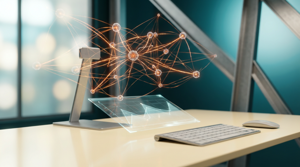 A highly detailed, photorealistic 16:9 widescreen image of an ultra-modern minimalist executive workstation. The sleek desk surface is a soft warm cream (#FFF4CE), subtly reflecting ambient light. Above the desk, an intricate network of semi-transparent 3D neural nodes floats and interconnects, glowing with a dynamic burnt orange (#E06719) light streak representing automated data pulses and sub-second web performance. On the desk, a luminous holographic system tile displays an abstract, geometric telemetry graph with subtle cyan (#C1E3E6) lines and crisp specular reflections. High-tech hardware elements and architectural accents are crafted from brushed metallic gray (#E6E6E6). The background recedes into a deep, volumetric gradient of deep teal (#116F76) and soft cyan (#C1E3E6), providing immersive depth. Shot on 85mm prime lens at f/1.8, shallow depth of field, creamy bokeh, cinematic volumetric studio lighting, hyper-realistic 8K textures. ZERO TEXT, NO LOGOS.