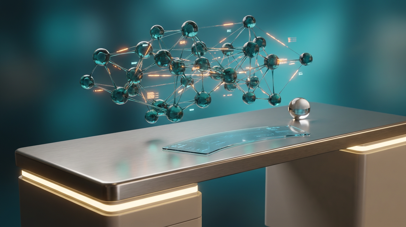 Hyper-realistic 8K textures, Shot on 85mm prime lens at f/1.8, shallow depth of field, creamy bokeh, cinematic volumetric studio lighting, crisp specular reflections, 16:9 widescreen aspect ratio. An ultra-modern minimalist executive workstation, sleek brushed metallic gray surfaces, with soft warm cream key lighting. Above the desk, a complex network of floating, semi-transparent 3D neural nodes in deep teal and soft cyan. These nodes are interconnected by dynamic, glowing holographic data pulses and energetic light streaks in burnt orange, illustrating multi-agent workflows. Geometric telemetry graphs and subtle holographic system tiles glow with ambient deep teal and soft cyan illumination, reflecting on the pristine surfaces. The background features a soft, deep teal to soft cyan gradient creating atmospheric depth. No text, no logos, no typography.
