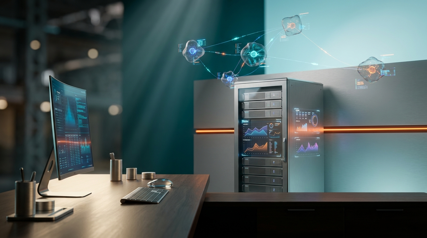 A hyper-realistic 8K photograph of an ultra-modern minimalist executive workstation, shot on an 85mm prime lens at f/1.8, featuring a shallow depth of field and creamy bokeh, with cinematic volumetric studio lighting and crisp specular reflections. The workspace is illuminated with ambient deep teal (#116F76) and soft cyan (#C1E3E6) gradients, complemented by a subtle energetic burnt orange (#E06719) light streak emanating from a sleek, brushed metallic gray (#E6E6E6) high-tech server rack. The server rack is adorned with glowing holographic system tiles and geometric telemetry graphs, representing the essential infrastructure components for running autonomous AI agents. Floating semi-transparent 3D neural nodes hover above the workspace, interconnected by automated data pulses, symbolizing compute capabilities, orchestration, data management, and security. The minimalist surfaces are bathed in soft warm cream (#FFF4CE) key lighting, creating a futuristic and immersive environment, with a 16:9 widescreen aspect ratio.