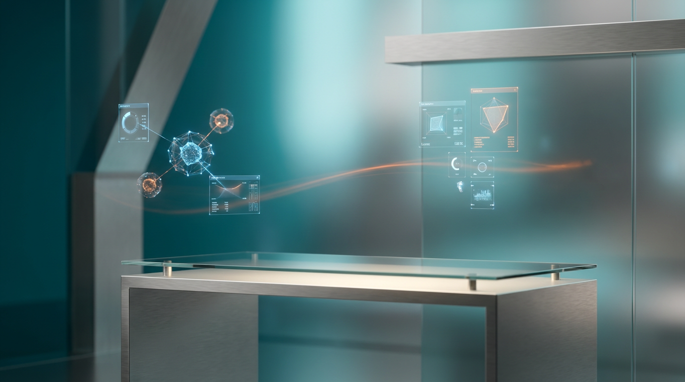 16:9 widescreen aspect ratio, shot on an 85mm prime lens at f/1.8 with a shallow depth of field, creamy bokeh, cinematic volumetric studio lighting, crisp specular reflections, hyper-realistic 8K textures. Deep teal (#116F76) and soft cyan (#C1E3E6) ambient volumetric illumination, glass node reflections, and background gradient depth. Burnt orange (#E06719) subtle energetic light streak. Soft warm cream (#FFF4CE) soft key lighting across minimalist workspace surfaces. Brushed metallic gray (#E6E6E6) high-tech hardware and architectural elements. Ultra-modern minimalist executive workstation with floating semi-transparent 3D neural nodes, holographic system tiles, and geometric telemetry graphs. Abstract representation of agentic AI systems driving business efficiency and cost savings, with a futuristic, clean aesthetic.