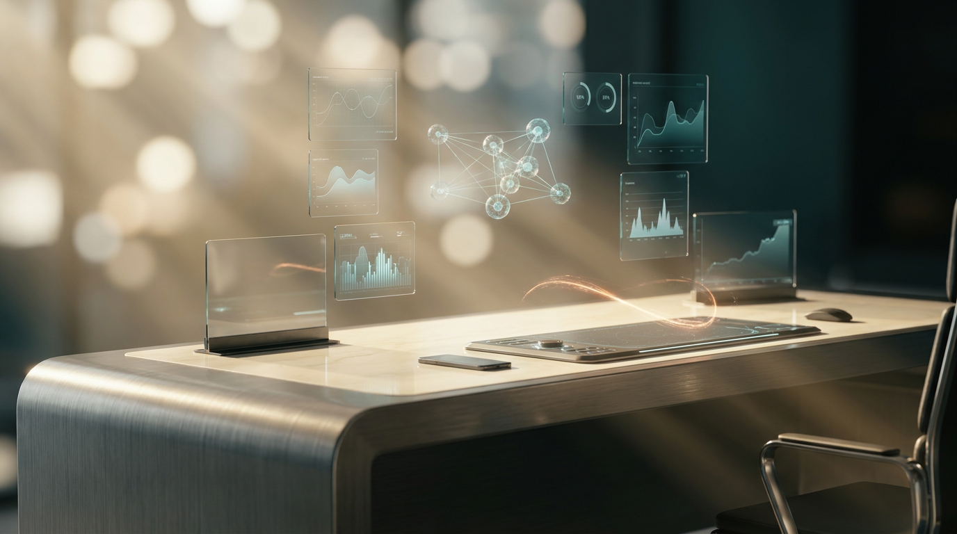 A hyper-realistic 8K photograph of an ultra-modern minimalist executive workspace, captured with an 85mm prime lens at f/1.8, featuring a shallow depth of field and creamy bokeh, showcasing a sleek, brushed metallic gray desk with a soft warm cream surface, illuminated by cinematic volumetric studio lighting. The workspace is adorned with floating semi-transparent 3D neural nodes and glowing holographic system tiles, displaying geometric telemetry graphs and automated data pulses in deep teal and soft cyan hues. A subtle energetic light streak in burnt orange highlights the focal point, emphasizing the advanced AI automation tools and futuristic technology integrated into the environment, with crisp specular reflections on glass surfaces and high-tech hardware, all within a 16:9 widescreen aspect ratio.