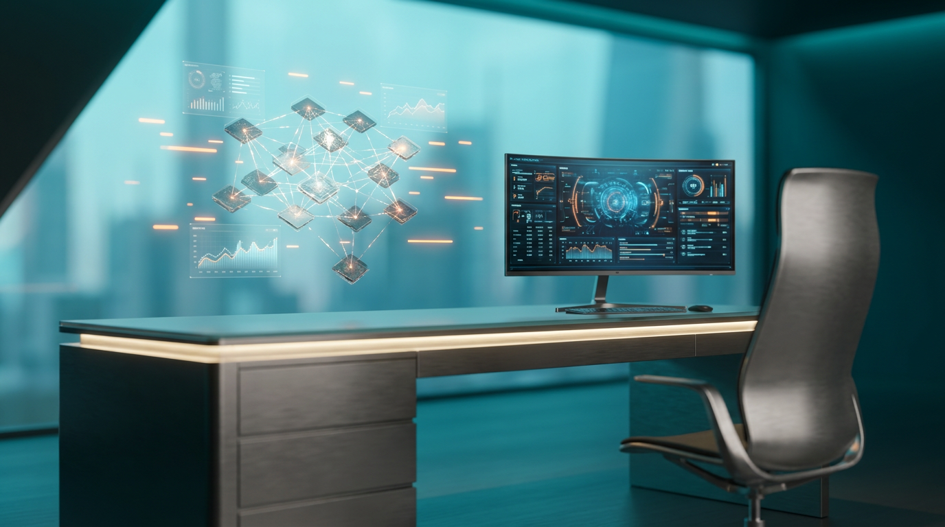 A minimalist, ultra-modern executive workspace featuring a sleek, brushed metallic gray desk with a high-tech, matte glass finish, illuminated by soft warm cream key lighting and deep teal ambient volumetric illumination, showcasing a floating semi-transparent 3D neural node network with glowing holographic system tiles and geometric telemetry graphs, all rendered in hyper-realistic 8K textures, shot on an 85mm prime lens at f/1.8 with a shallow depth of field, creamy bokeh, and cinematic volumetric studio lighting, with a subtle energetic burnt orange light streak emanating from the neural nodes, and a soft cyan background gradient depth, --ar 16:9.