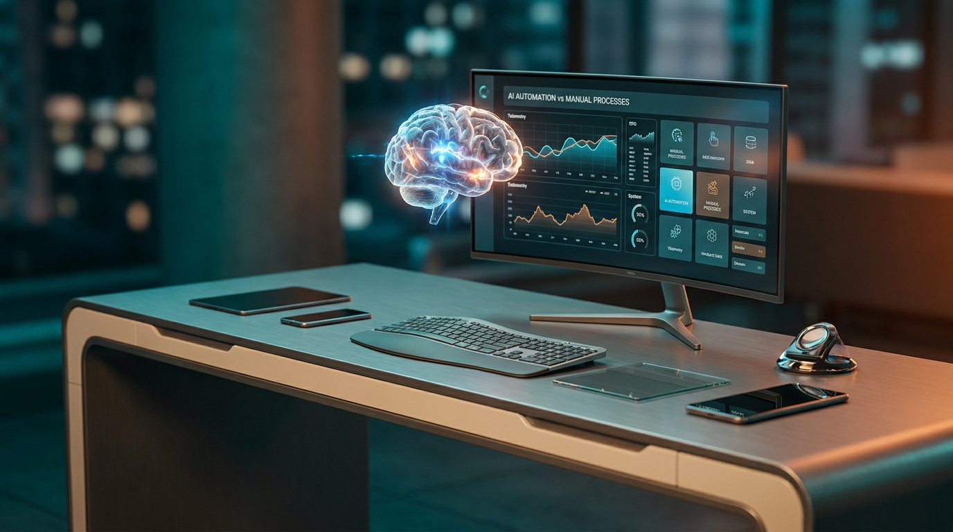A hyper-realistic 8K photograph of an ultra-modern minimalist executive workstation, captured with an 85mm prime lens at f/1.8, featuring a shallow depth of field and creamy bokeh, showcasing a sleek, brushed metallic gray desk with soft warm cream surfaces, illuminated by cinematic volumetric studio lighting with deep teal and soft cyan ambient gradients, and a subtle burnt orange glow emanating from a floating semi-transparent 3D neural node hovering above the desk, with glowing holographic system tiles and geometric telemetry graphs interspersed throughout the workspace, reflecting the strategic landscape of AI automations vs manual processes, with crisp specular reflections and high-tech hardware, --ar 16:9.