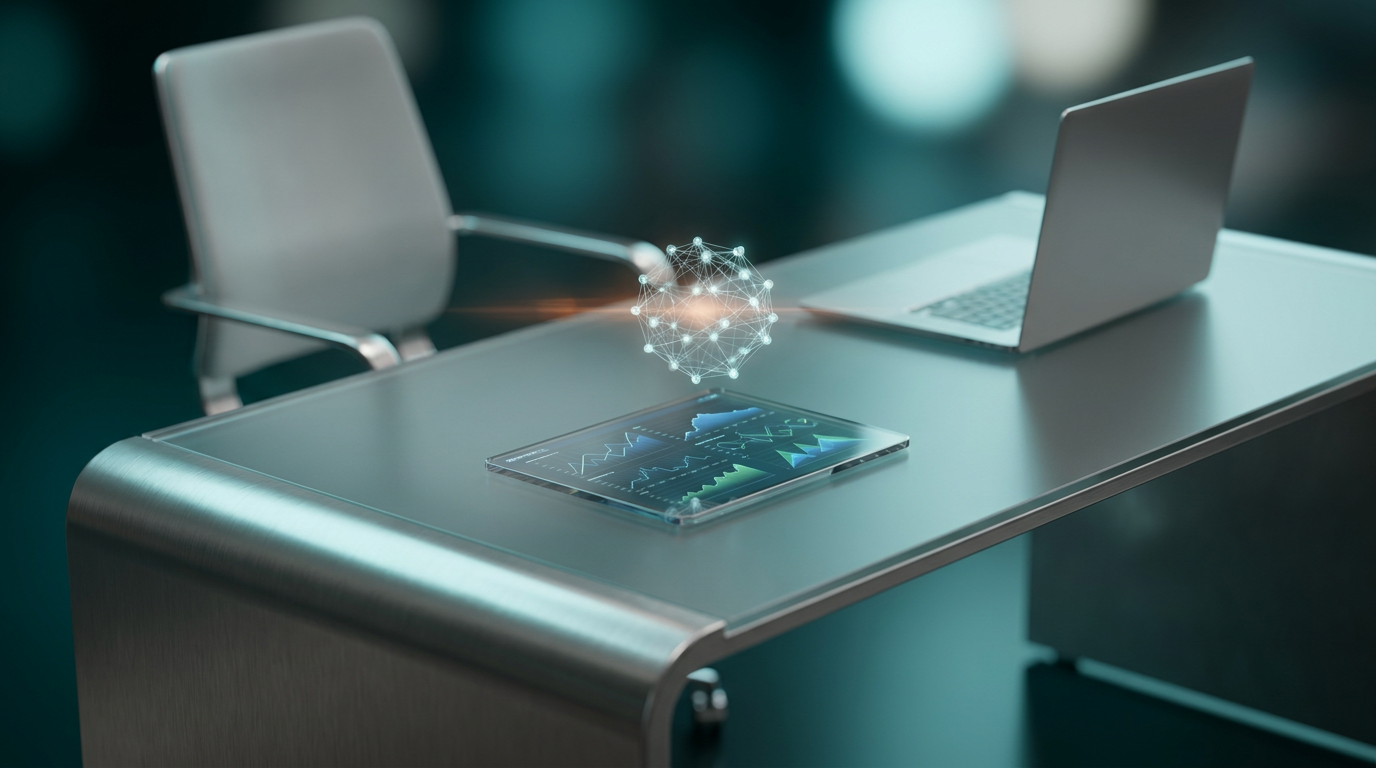 A hyper-realistic 8K photograph of an ultra-modern minimalist executive workspace, captured with an 85mm prime lens at f/1.8, featuring a shallow depth of field and creamy bokeh. The scene is illuminated with cinematic volumetric studio lighting, showcasing crisp specular reflections and a deep teal and soft cyan ambient glow. The workspace includes a sleek, brushed metallic gray desk with a high-tech, matte glass finish, adorned with a floating semi-transparent 3D neural node hovering above a holographic system tile displaying geometric telemetry graphs. The neural node emits a subtle burnt orange energetic light streak, symbolizing AI-driven content creation and management. The background features a gradient depth with soft warm cream key lighting, enhancing the minimalist aesthetic and highlighting the advanced technology.