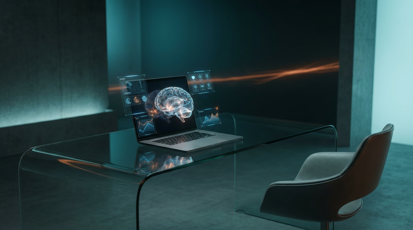 A minimalist, ultra-modern executive workspace featuring a sleek, curved glass desk with a high-tech, brushed metallic gray laptop displaying a floating, semi-transparent 3D neural network node, glowing holographic system tiles, and geometric telemetry graphs, all illuminated by ambient deep teal and soft cyan volumetric lighting with a subtle burnt orange energetic light streak, shot on an 85mm prime lens at f/1.8, with a shallow depth of field, creamy bokeh, and cinematic volumetric studio lighting, crisp specular reflections, and hyper-realistic 8K textures, 16:9 widescreen aspect ratio.