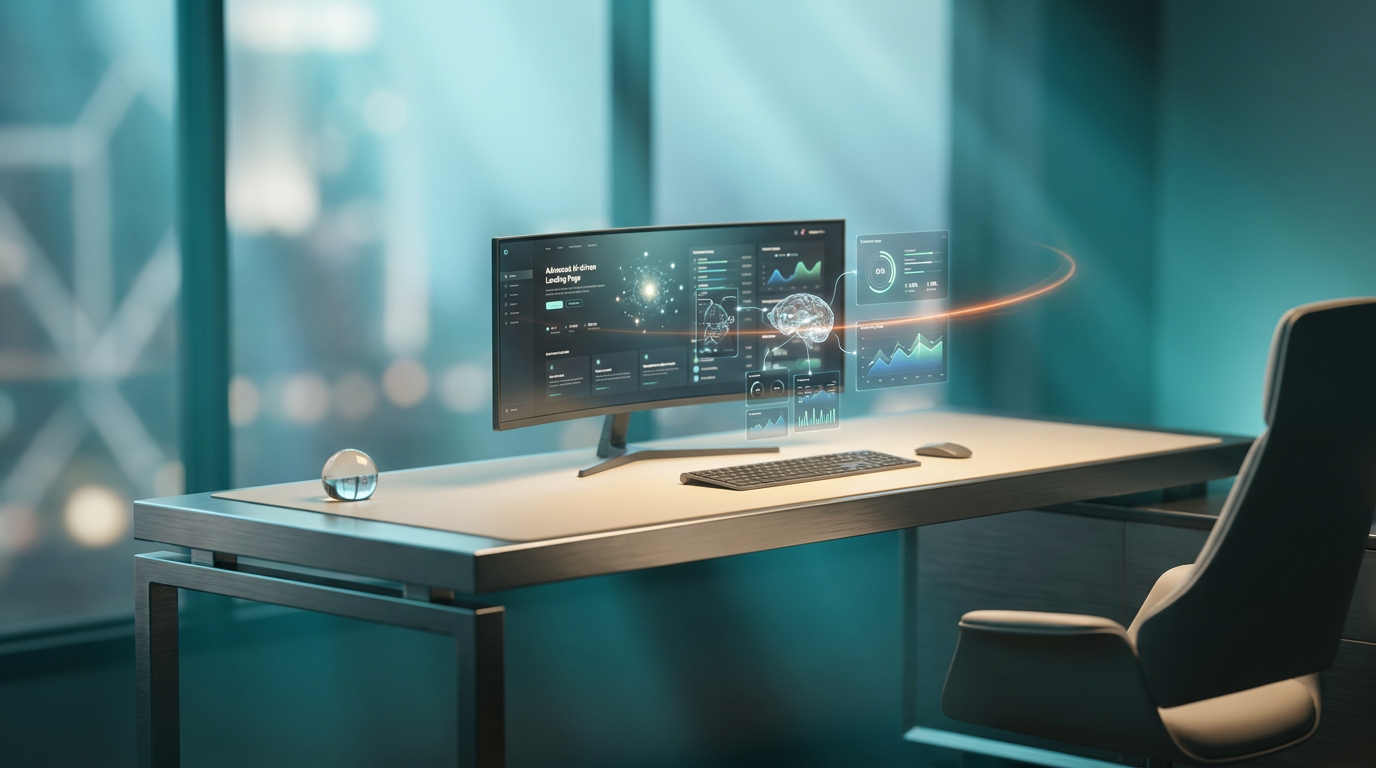 A hyper-realistic 8K photograph of an ultra-modern minimalist executive workspace, captured with an 85mm prime lens at f/1.8, featuring a shallow depth of field and creamy bokeh. The scene is illuminated with cinematic volumetric studio lighting, showcasing crisp specular reflections and a deep teal (#116F76) and soft cyan (#C1E3E6) ambient glow. The workspace includes a sleek, brushed metallic gray (#E6E6E6) desk with a soft warm cream (#FFF4CE) surface, adorned with advanced AI-driven landing page interfaces. Floating semi-transparent 3D neural nodes and glowing holographic system tiles hover above the desk, displaying dynamic geometric telemetry graphs and data visualizations. A subtle burnt orange (#E06719) energetic light streak emanates from the AI interfaces, highlighting the futuristic technology. The background features a gradient depth with soft cyan and deep teal hues, creating a harmonious blend of modern engineering and advanced AI capabilities, all within a 16:9 widescreen aspect ratio.