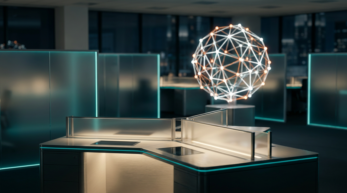 A high-end cinematic wide shot of a modern, uncluttered control center representing enterprise-grade AI governance, featuring a sleek, modular workstation with perfectly aligned metallic surfaces, the space is illuminated by a sophisticated blend of soft cream key lighting and deep teal ambient rim lights that trace the edges of frosted glass partitions, an abstract, glowing structure of interconnected light nodes sits at the center to represent a friction-free agentic architecture, a sharp and purposeful accent of burnt orange light highlights the precision of the system's core, shot on an 85mm prime lens with professional f/1.8 aperture creating a cinematic shallow depth of field, 8K resolution, minimalist corporate aesthetic, clean surfaces, no text, no logos, no typography, 16:9 aspect ratio.