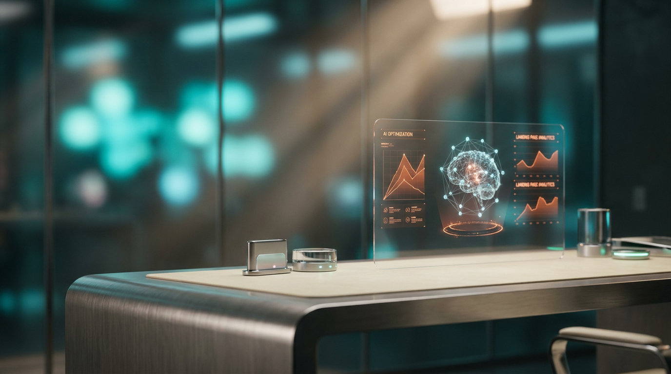A hyper-realistic 8K photograph of an ultra-modern minimalist executive workspace, shot on an 85mm prime lens at f/1.8, featuring a shallow depth of field with creamy bokeh and cinematic volumetric studio lighting, showcasing a sleek, brushed metallic gray desk with a soft warm cream surface. The desk is adorned with high-tech hardware, including a futuristic holographic interface displaying a floating semi-transparent 3D neural network node, glowing holographic system tiles, and geometric telemetry graphs that subtly pulse with a burnt orange glow, representing AI-driven landing page optimization. The background features a deep teal and soft cyan gradient, with ambient volumetric illumination and glass node reflections, creating a sense of depth and technological advancement. The image captures the essence of AI-driven innovation and optimization, with crisp specular reflections and a focal point glow that highlights the cutting-edge technology.