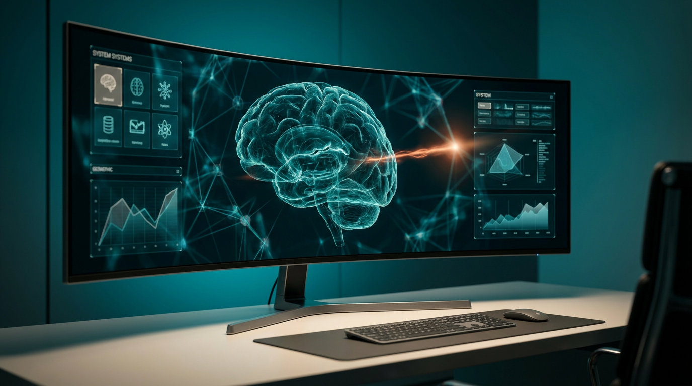 A minimalist executive workspace with a sleek, ultra-wide curved monitor displaying a dynamic, semi-transparent 3D neural network, glowing holographic system tiles, and geometric telemetry graphs, all illuminated by ambient deep teal and soft cyan volumetric lighting, with a subtle burnt orange energetic light streak emanating from the neural network, shot on an 85mm prime lens at f/1.8, with a shallow depth of field, creamy bokeh, and crisp specular reflections, hyper-realistic 8K textures, soft warm cream key lighting across the workspace surfaces, and brushed metallic gray high-tech hardware, 16:9 widescreen aspect ratio.