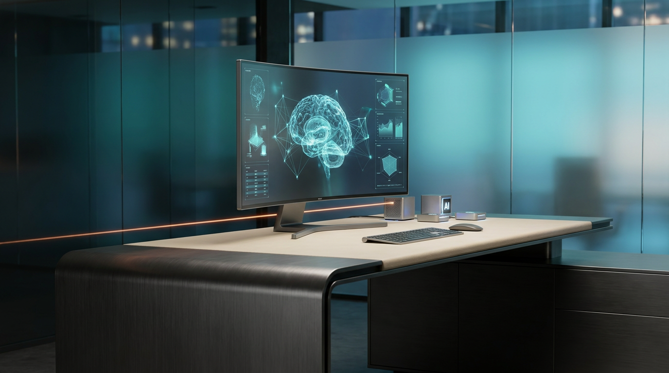 A hyper-realistic 8K photograph of an ultra-modern minimalist executive workspace, captured with an 85mm prime lens at f/1.8, featuring a shallow depth of field and creamy bokeh, showcasing a sleek, brushed metallic gray desk with a soft warm cream surface. The desk is adorned with advanced AI hardware, including a high-tech, matte glass finish monitor displaying a floating semi-transparent 3D neural node network, glowing holographic system tiles, and geometric telemetry graphs in deep teal and soft cyan hues. The workspace is illuminated by cinematic volumetric studio lighting, with a subtle energetic light streak in burnt orange highlighting the focal point. The background features a gradient depth in deep teal and soft cyan, with crisp specular reflections on the glass surfaces, creating a futuristic and immersive environment that embodies the cutting-edge AI-driven landing page strategies and optimization techniques discussed in the article.