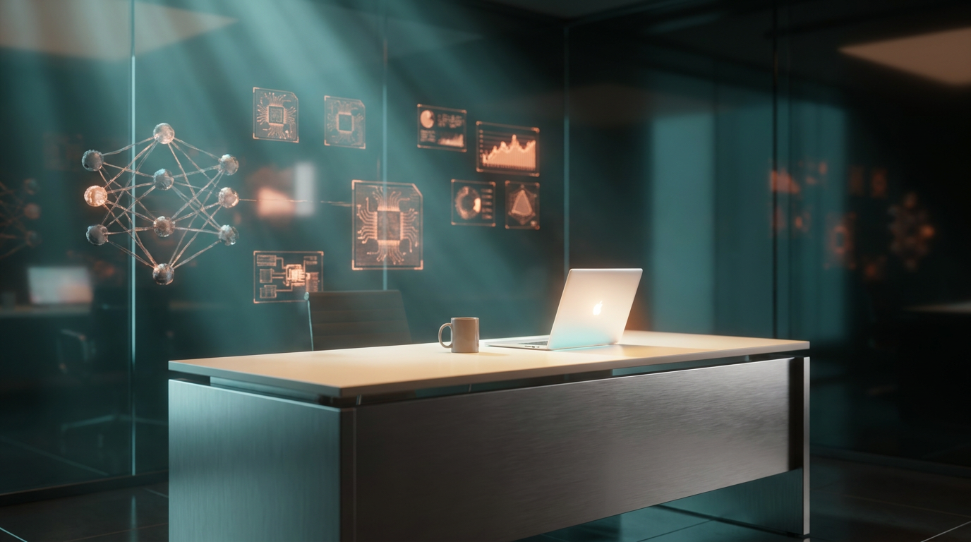 A hyper-realistic 8K photograph of an ultra-modern minimalist executive workspace, captured with an 85mm prime lens at f/1.8, featuring a shallow depth of field and creamy bokeh, showcasing a sleek, brushed metallic gray desk with a soft warm cream surface, illuminated by ambient volumetric lighting in deep teal and soft cyan hues. The workspace is adorned with multiple floating semi-transparent 3D neural nodes, glowing holographic system tiles, and geometric telemetry graphs, all pulsating with subtle energetic light streaks in burnt orange. The scene is set in a cinematic studio environment with crisp specular reflections and a 16:9 widescreen aspect ratio.
