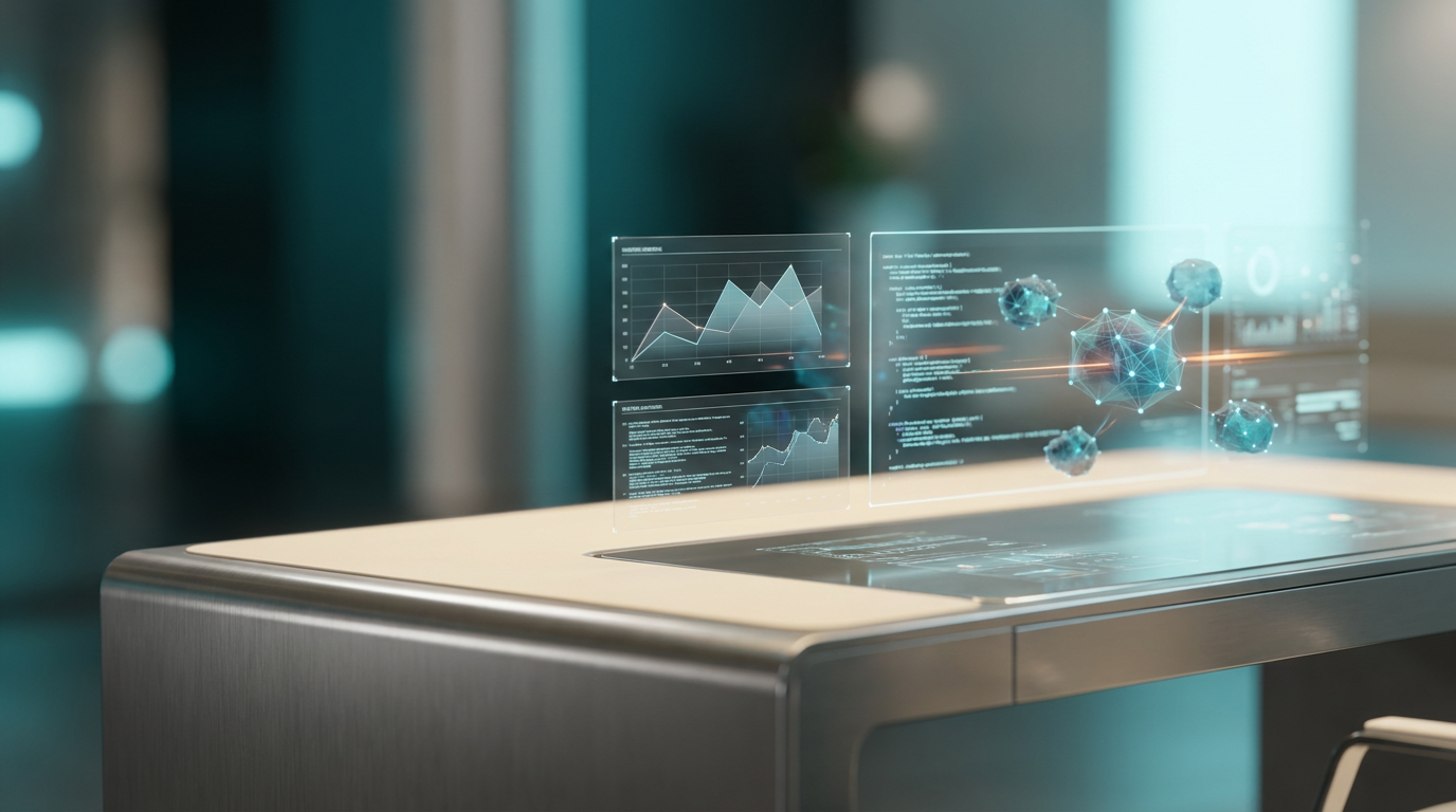 A hyper-realistic 8K photograph of an ultra-modern minimalist executive workstation, captured with an 85mm prime lens at f/1.8, featuring a shallow depth of field and creamy bokeh, cinematic volumetric studio lighting, and crisp specular reflections, showcasing a sleek brushed metallic gray desk with a soft warm cream surface, adorned with advanced AI-powered A/B testing tools, floating semi-transparent 3D neural nodes, glowing holographic system tiles, and geometric telemetry graphs, with ambient volumetric illumination in deep teal and soft cyan, and a subtle energetic light streak in burnt orange, highlighting the futuristic technology and data-driven insights that revolutionize landing pages, all within a 16:9 widescreen aspect ratio.