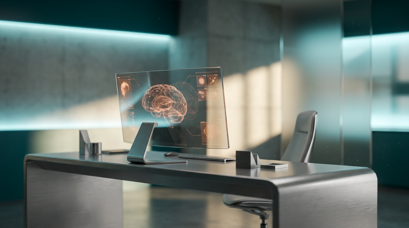 A hyper-realistic 8K photograph of an ultra-modern minimalist executive workspace, captured with an 85mm prime lens at f/1.8, featuring a shallow depth of field and creamy bokeh. The scene is illuminated with cinematic volumetric studio lighting, showcasing crisp specular reflections and a deep teal (`#116F76`) and soft cyan (`#C1E3E6`) ambient glow. The workspace includes a sleek, brushed metallic gray (`#E6E6E6`) desk with a high-tech monitor displaying a floating semi-transparent 3D neural node network, glowing holographic system tiles, and geometric telemetry graphs that pulse with a subtle burnt orange (`#E06719`) energetic light. The background features a gradient depth with soft warm cream (`#FFF4CE`) key lighting across minimalist surfaces, evoking a futuristic and innovative atmosphere, with no visible text or logos.