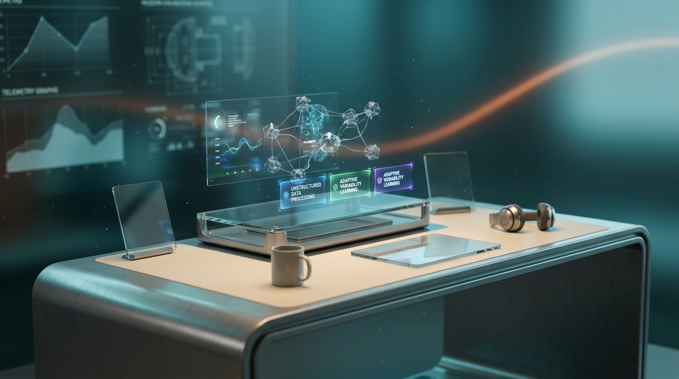 A hyper-realistic 8K photograph of an ultra-modern minimalist executive workstation, captured with an 85mm prime lens at f/1.8, featuring a shallow depth of field and creamy bokeh, showcasing a sleek, brushed metallic gray desk with a soft warm cream surface. The workspace is illuminated by ambient volumetric lighting in deep teal and soft cyan hues, casting crisp specular reflections on the glass and metallic surfaces. The focal point is a holographic interface displaying floating semi-transparent 3D neural nodes and glowing holographic system tiles, representing AI's ability to handle unstructured data and adapt to variability. The background features a gradient depth in deep teal and soft cyan, with a subtle energetic light streak in burnt orange, symbolizing the dynamic nature of AI automation. The scene includes geometric telemetry graphs and modern engineering elements, emphasizing the contrast between AI and traditional automation.