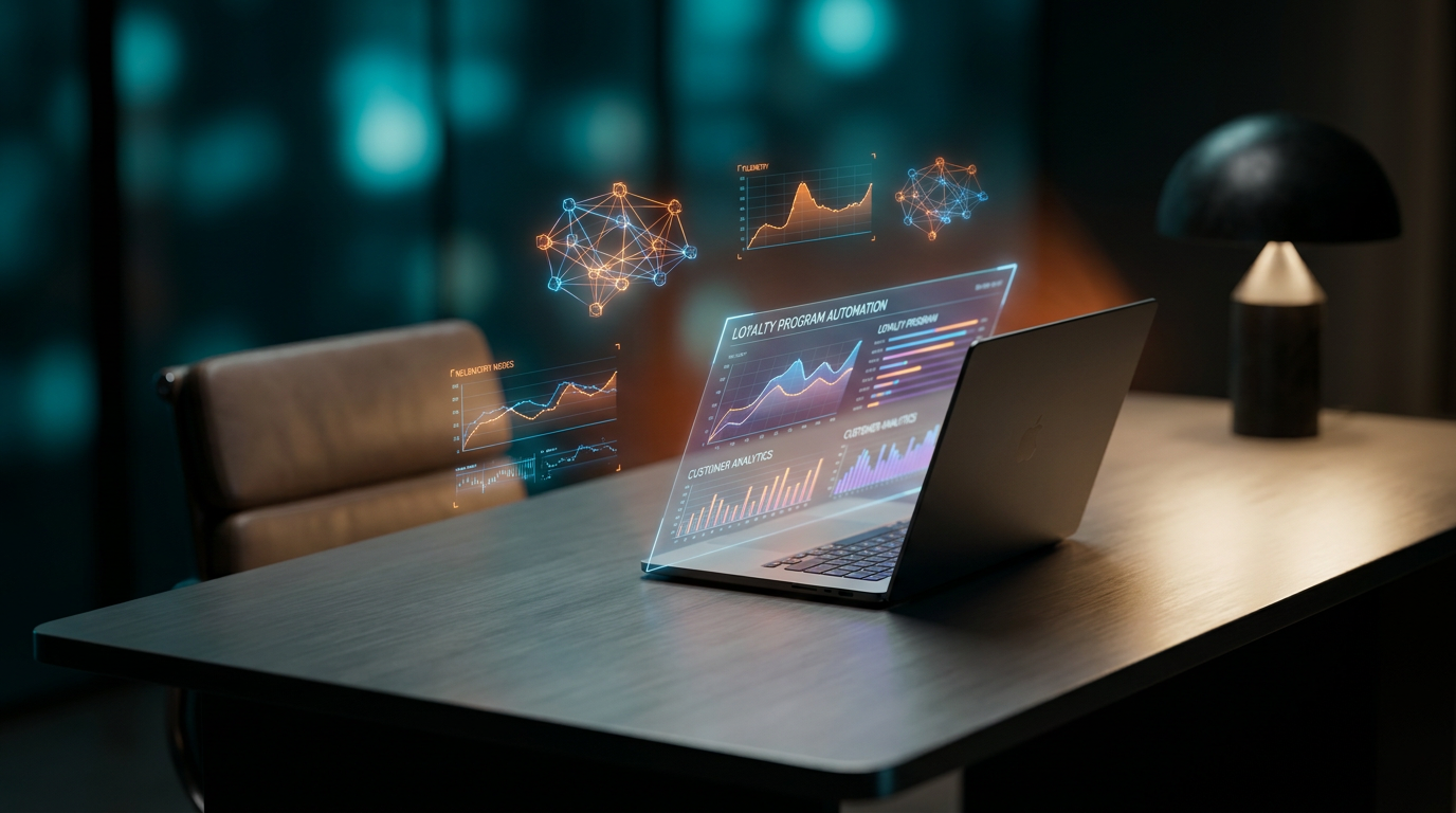 A minimalist executive workspace featuring a sleek, brushed metallic gray desk with a high-tech laptop displaying a holographic interface of automated loyalty program analytics, shot on an 85mm prime lens at f/1.8 with a shallow depth of field and creamy bokeh, cinematic volumetric studio lighting with deep teal and soft cyan ambient illumination, and a subtle burnt orange glow emanating from the holographic data, soft warm cream key lighting across the workspace surfaces, and floating semi-transparent 3D neural nodes and geometric telemetry graphs hovering above the desk, 16:9 widescreen aspect ratio.