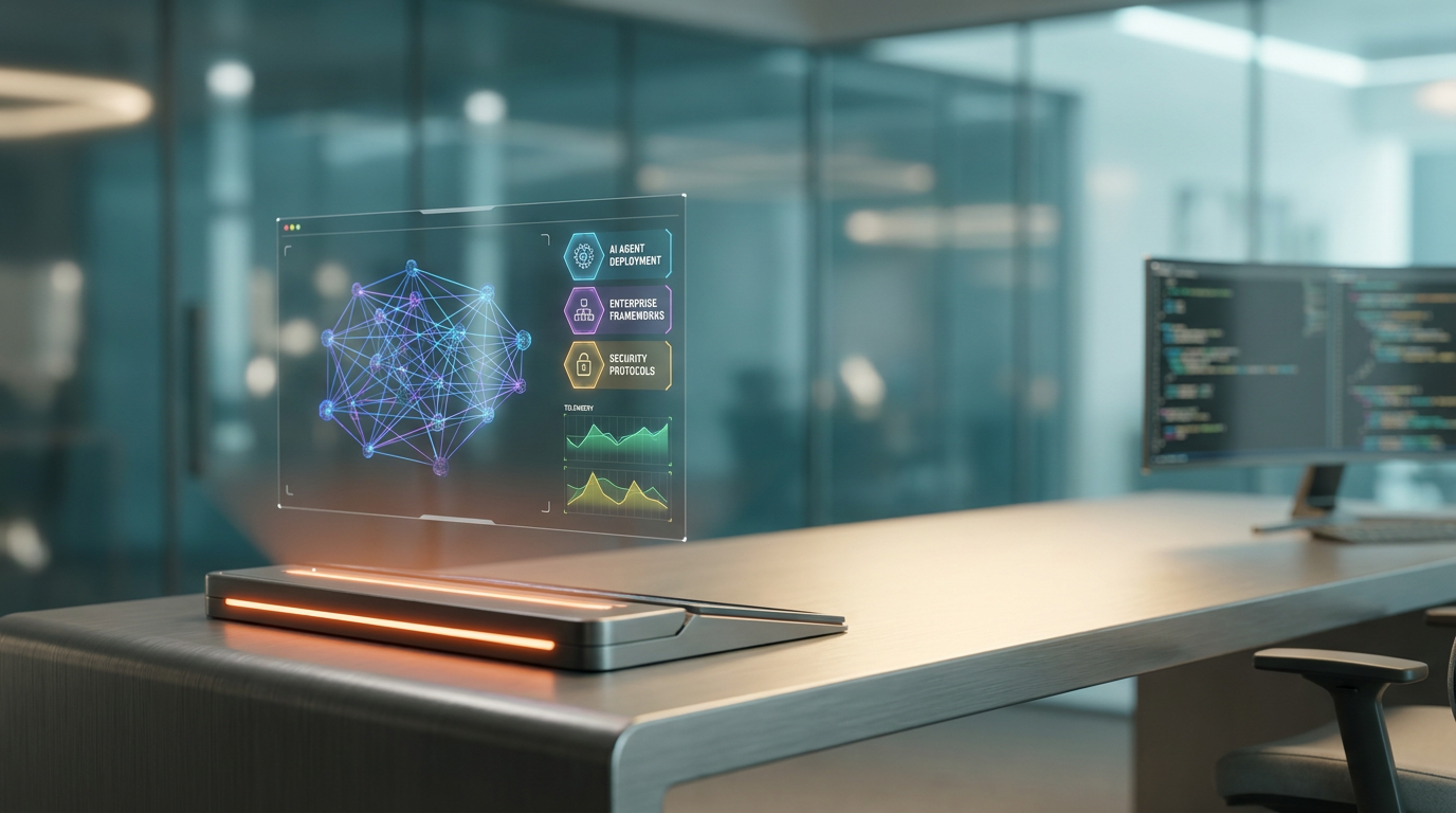 A hyper-realistic 8K photograph of an ultra-modern minimalist executive workstation, shot on an 85mm prime lens at f/1.8, featuring a shallow depth of field with creamy bokeh and cinematic volumetric studio lighting, crisp specular reflections, and a 16:9 widescreen aspect ratio. The workspace is illuminated with ambient Deep Teal (#116F76) and Soft Cyan (#C1E3E6) volumetric lighting, with a subtle Burnt Orange (#E06719) energetic light streak emanating from a sleek, brushed metallic gray (#E6E6E6) high-tech hardware console. The console displays a floating semi-transparent 3D neural node network, glowing holographic system tiles, and geometric telemetry graphs, all rendered in hyper-realistic detail. The workspace surfaces are bathed in a Soft Warm Cream (#FFF4CE) key light, highlighting the minimalist design and advanced technology. The scene captures the essence of autonomous AI agents revolutionizing enterprise operations, with a focus on frameworks, security, and deployment strategies, all seamlessly integrated into the modern engineering environment.