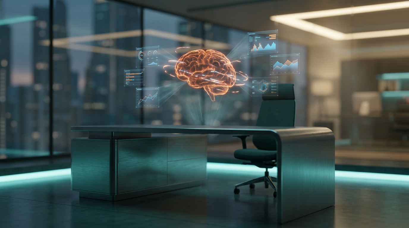 A hyper-realistic 8K photograph of an ultra-modern minimalist executive workspace, captured with an 85mm prime lens at f/1.8, featuring a shallow depth of field and creamy bokeh. The scene is illuminated with cinematic volumetric studio lighting, showcasing crisp specular reflections and a deep teal and soft cyan ambient glow. The workspace includes a sleek, brushed metallic gray desk with a floating semi-transparent 3D neural node hovering above it, emitting a subtle burnt orange energetic light streak. The node is connected to multiple holographic system tiles that display geometric telemetry graphs, all seamlessly integrated into the minimalist design. The background features a gradient depth with soft warm cream key lighting, enhancing the futuristic and high-tech atmosphere.