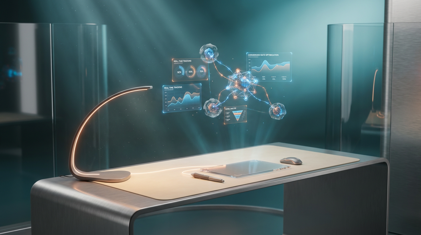 A hyper-realistic 8K photograph of an ultra-modern minimalist executive workspace, captured with an 85mm prime lens at f/1.8, featuring a shallow depth of field and creamy bokeh, showcasing a sleek, brushed metallic gray desk with a soft warm cream surface. The workspace is illuminated by ambient volumetric lighting in deep teal and soft cyan hues, with a subtle energetic light streak in burnt orange highlighting the focal point. Floating semi-transparent 3D neural nodes and glowing holographic system tiles hover above the desk, displaying geometric telemetry graphs and real-time behavioral data analysis visualizations. The background features a gradient depth in deep teal and soft cyan, with crisp specular reflections on high-tech hardware and architectural elements. The scene is set in a cinematic volumetric studio lighting environment, emphasizing the advanced tools and strategies for real-time tracking and conversion rate optimization in funnel analysis.