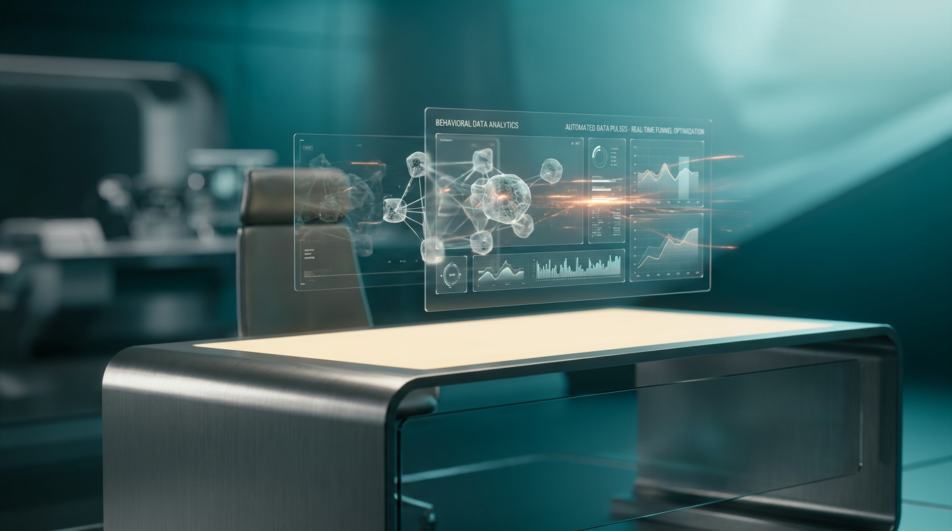 A hyper-realistic 8K photograph of an ultra-modern minimalist executive workspace, captured with an 85mm prime lens at f/1.8, featuring a shallow depth of field and creamy bokeh, showcasing a sleek, brushed metallic gray desk with a soft warm cream surface. The workspace is illuminated by ambient volumetric lighting in deep teal and soft cyan hues, casting crisp specular reflections on the glass and metallic surfaces. The focal point is a high-tech, holographic interface displaying floating semi-transparent 3D neural nodes and glowing holographic system tiles, representing behavioral data analytics. The interface features geometric telemetry graphs and dynamic data visualizations, with subtle energetic light streaks in burnt orange, symbolizing automated data pulses and real-time funnel optimization. The background features a gradient depth in deep teal and soft cyan, with a hint of modern engineering elements, creating a cinematic and futuristic atmosphere, --ar 16:9.