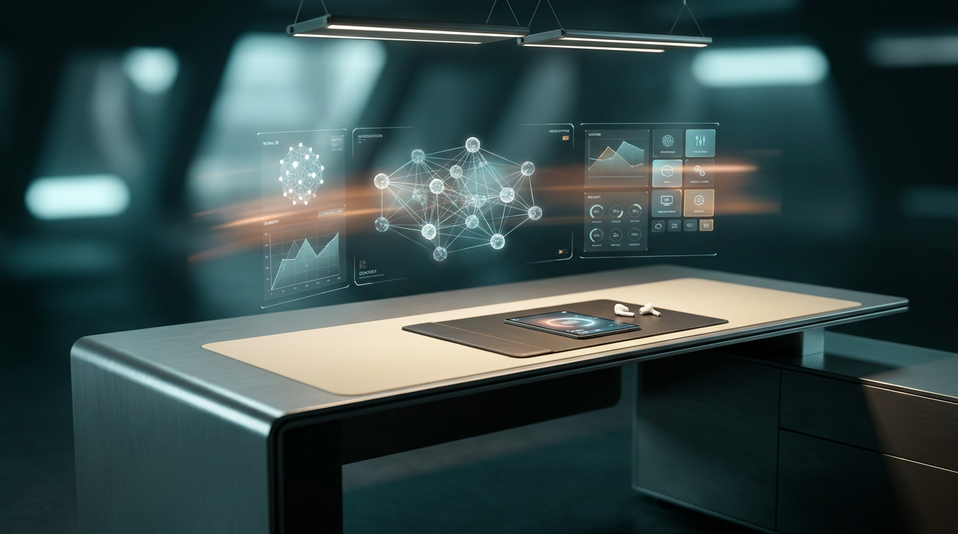 A hyper-realistic 8K photograph of an ultra-modern minimalist executive workspace, captured with an 85mm prime lens at f/1.8, featuring a shallow depth of field and creamy bokeh, cinematic volumetric studio lighting, and crisp specular reflections, showcasing a sleek, brushed metallic gray desk with a soft warm cream surface, adorned with advanced CRO tools and holographic system tiles, floating semi-transparent 3D neural nodes, and geometric telemetry graphs, with ambient volumetric illumination in deep teal and soft cyan, and a subtle energetic light streak in burnt orange, highlighting the focal point of the workspace, --ar 16:9.