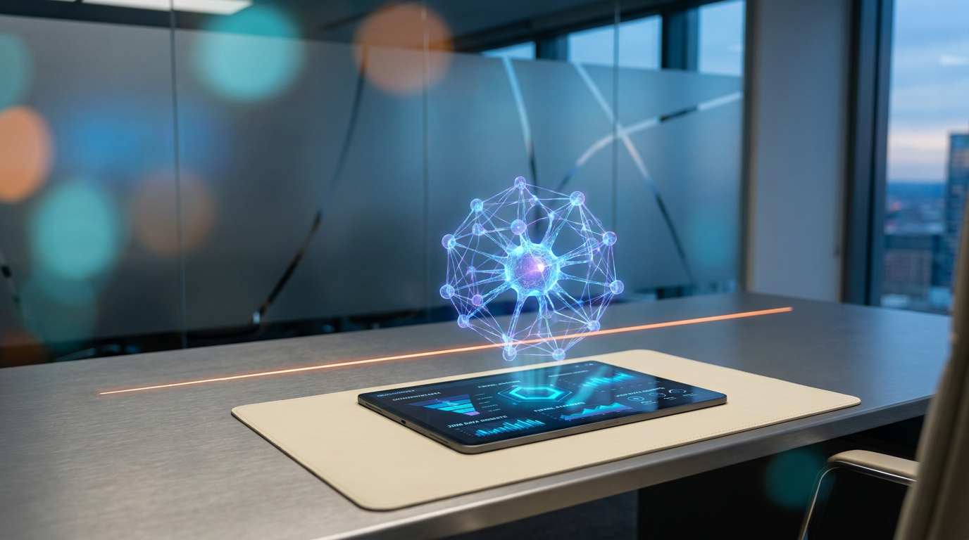 A hyper-realistic 8K photograph of an ultra-modern minimalist executive workspace, captured with an 85mm prime lens at f/1.8, featuring a shallow depth of field and creamy bokeh, showcasing a sleek, brushed metallic gray desk with a soft warm cream surface. The workspace is illuminated by ambient volumetric lighting in deep teal and soft cyan hues, with a subtle energetic light streak in burnt orange highlighting the focal point. The desk features a large, semi-transparent 3D neural node floating above a high-tech device, displaying intricate holographic system tiles and geometric telemetry graphs that pulse with automated data. The background reveals a futuristic architectural environment with matte glass finishes and crisp specular reflections, emphasizing the advanced technology and data-driven insights essential for conversion rate optimization and funnel analysis in 2026.