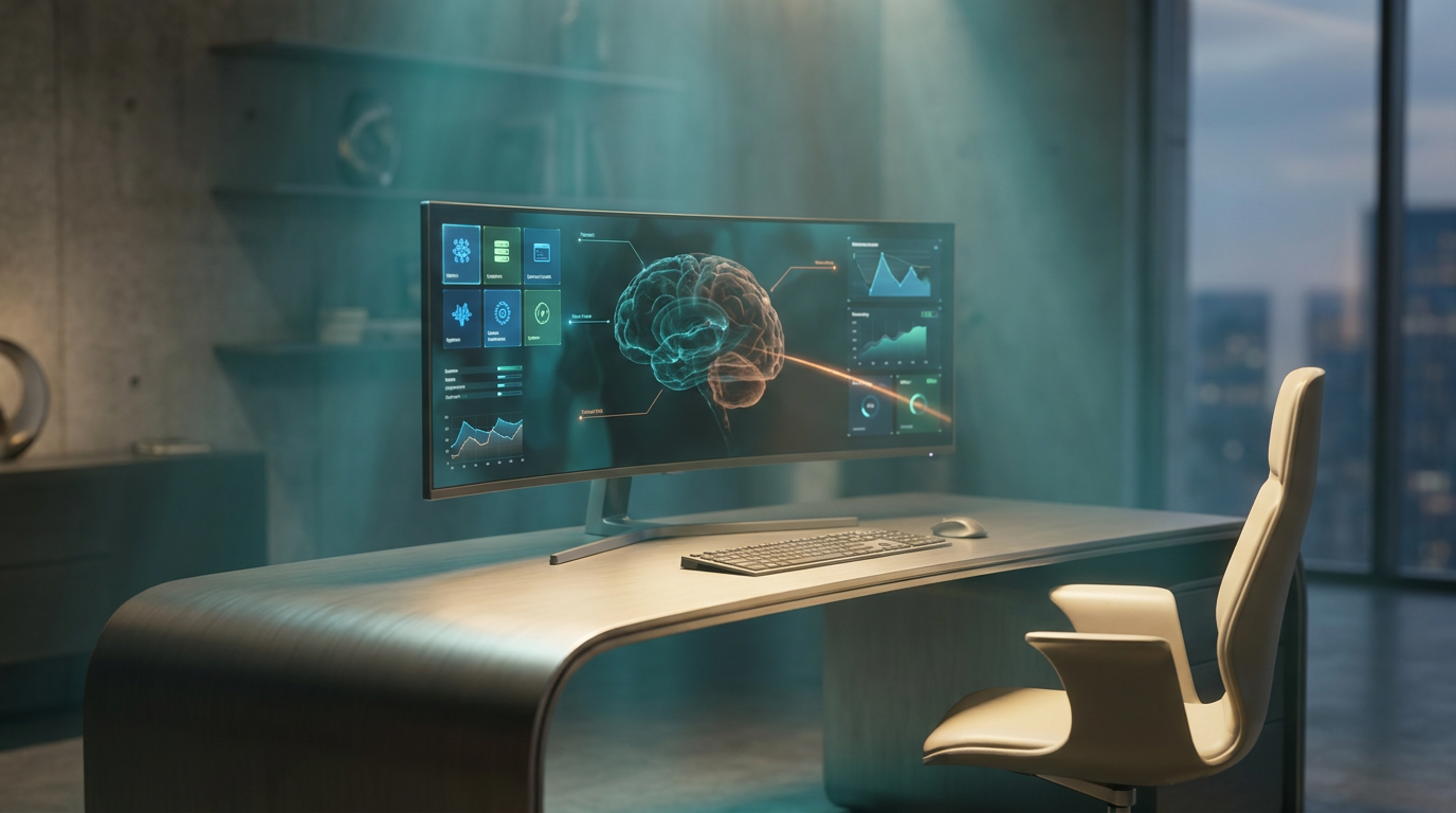 A minimalist, ultra-modern executive workspace with a sleek, brushed metallic gray desk and a high-tech, curved monitor displaying a floating, semi-transparent 3D neural network node, glowing holographic system tiles, and dynamic geometric telemetry graphs, all illuminated by ambient deep teal and soft cyan volumetric lighting, with a subtle burnt orange energetic light streak emanating from the neural node, and soft warm cream key lighting across the workspace surfaces, shot on an 85mm prime lens at f/1.8, with a shallow depth of field, creamy bokeh, and cinematic volumetric studio lighting, hyper-realistic 8K textures, 16:9 widescreen aspect ratio.