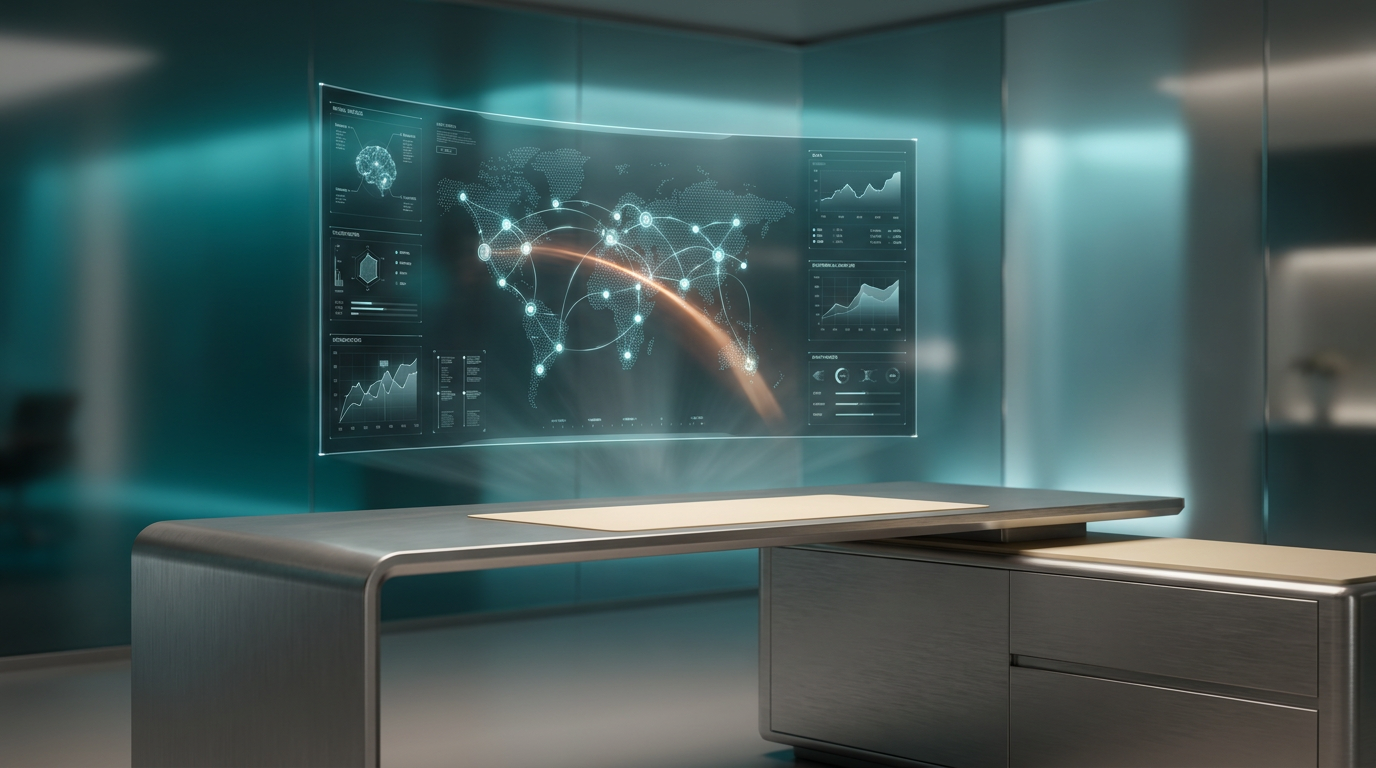 A hyper-realistic 8K photograph of an ultra-modern minimalist executive workstation, shot on an 85mm prime lens at f/1.8 with a shallow depth of field and creamy bokeh, showcasing a sleek, brushed metallic gray desk with soft warm cream surfaces under cinematic volumetric studio lighting. The workspace features a large, curved holographic display floating above the desk, illustrating a complex, glowing customer journey map with interconnected neural nodes and geometric telemetry graphs in deep teal and soft cyan hues. The focal point of the image is a subtle, energetic light streak in burnt orange, emanating from the center of the holographic display, symbolizing the integration of customer journey mapping with funnel analysis. The background features a gradient depth in deep teal and soft cyan, with crisp specular reflections on the glass surfaces, creating a futuristic and immersive environment that highlights the advanced tools and best practices for enhancing customer experience and driving growth.