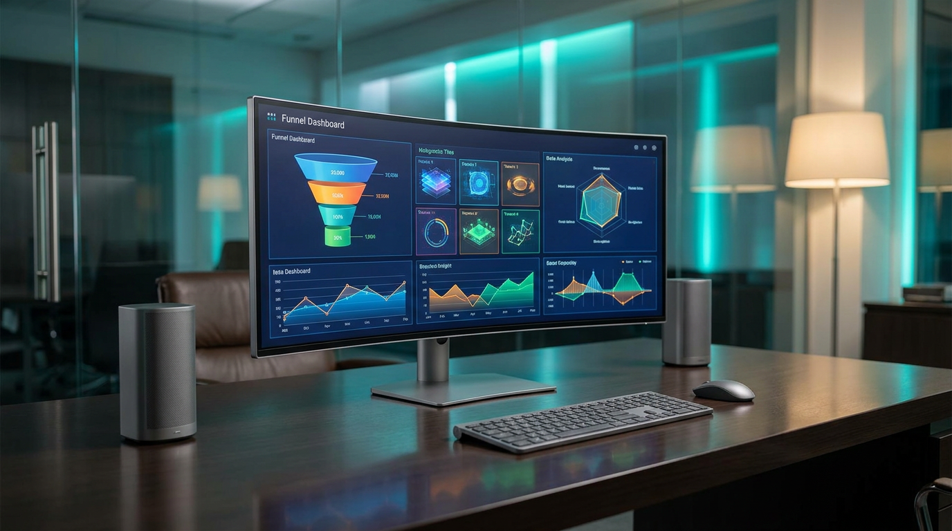 A sleek, ultra-modern executive workspace with a minimalist design, featuring a large, curved high-resolution monitor displaying a dynamic funnel optimization dashboard with AI-driven analytics, glowing holographic system tiles, and geometric telemetry graphs, all rendered in hyper-realistic 8K textures, shot on an 85mm prime lens at f/1.8 with a shallow depth of field and creamy bokeh, cinematic volumetric studio lighting, and crisp specular reflections, with ambient volumetric illumination in deep teal and soft cyan, subtle energetic light streaks in burnt orange, soft key lighting in soft warm cream across the workspace surfaces, and high-tech hardware in brushed metallic gray, all seamlessly integrated to convey the advanced capabilities of AI in boosting conversions and enhancing user experiences, --ar 16:9.