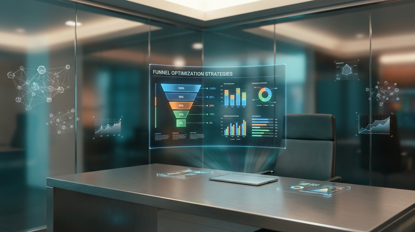 A sleek, ultra-modern executive workspace with a minimalist design, featuring a large, curved holographic display showcasing dynamic funnel optimization strategies, shot on an 85mm prime lens at f/1.8, with a shallow depth of field and creamy bokeh, cinematic volumetric studio lighting, and crisp specular reflections, hyper-realistic 8K textures, deep teal and soft cyan ambient volumetric illumination, subtle burnt orange energetic light streaks, soft warm cream key lighting across minimalist workspace surfaces, brushed metallic gray high-tech hardware, architectural elements, and matte glass finishes, floating semi-transparent 3D neural nodes, glowing holographic system tiles, geometric telemetry graphs, and modern engineering environments, 16:9 widescreen aspect ratio.