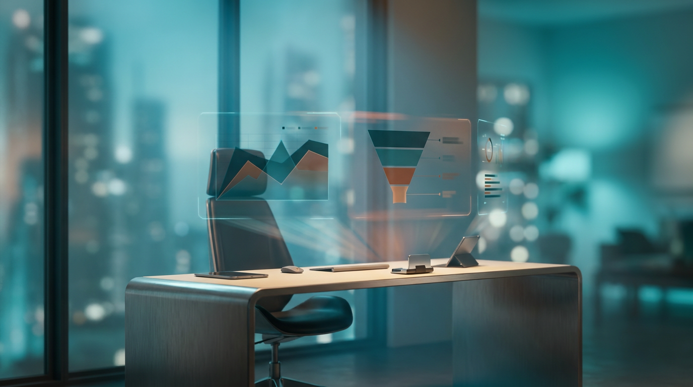 A hyper-realistic 8K photograph of an ultra-modern minimalist executive workspace, captured with an 85mm prime lens at f/1.8, featuring a shallow depth of field and creamy bokeh, showcasing a sleek, brushed metallic gray desk with a soft warm cream surface. The desk is adorned with advanced holographic interfaces displaying dynamic funnel optimization tools, with glowing holographic system tiles and geometric telemetry graphs floating above it. The scene is illuminated by ambient volumetric lighting in deep teal and soft cyan hues, with subtle energetic light streaks in burnt orange highlighting the focal points. The background features a gradient depth in deep teal and soft cyan, with a hint of a futuristic cityscape visible through a large, matte glass window. The workspace includes high-tech hardware and architectural elements, all meticulously designed to evoke a sense of cutting-edge technology and innovation, with no visible text or logos.