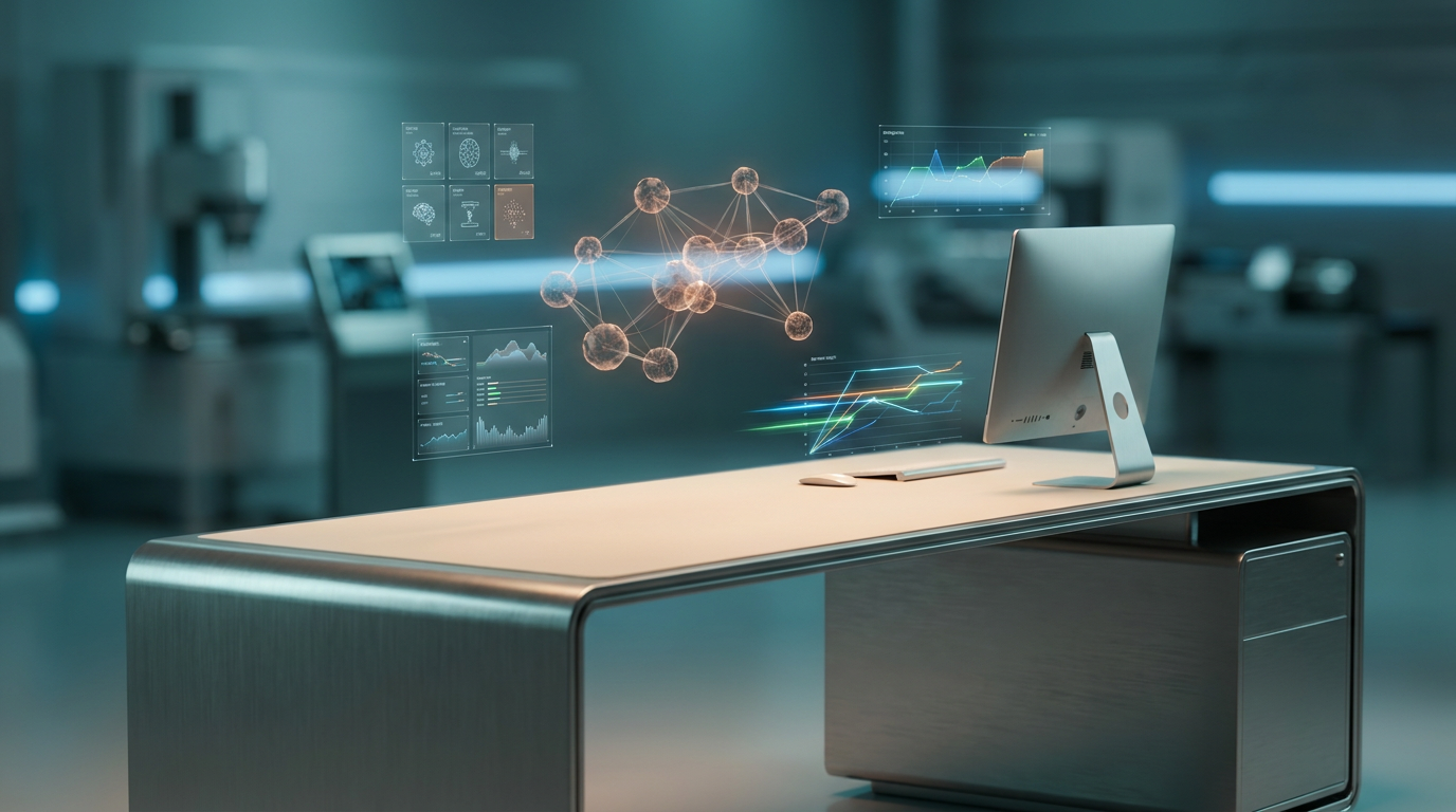 A hyper-realistic 8K photograph of an ultra-modern minimalist executive workspace, captured with an 85mm prime lens at f/1.8, featuring a shallow depth of field and creamy bokeh. The scene is illuminated with cinematic volumetric studio lighting, showcasing crisp specular reflections and a deep teal (`#116F76`) and soft cyan (`#C1E3E6`) ambient glow. The workspace includes a sleek, brushed metallic gray (`#E6E6E6`) desk with a soft warm cream (`#FFF4CE`) surface, adorned with high-tech hardware and floating semi-transparent 3D neural nodes that emit a subtle burnt orange (`#E06719`) glow. Holographic system tiles and geometric telemetry graphs hover above the desk, displaying dynamic data visualizations with energetic light streaks. The background features a gradient depth effect, blending into a futuristic engineering environment with advanced AI automation systems, all captured in a 16:9 widescreen aspect ratio.