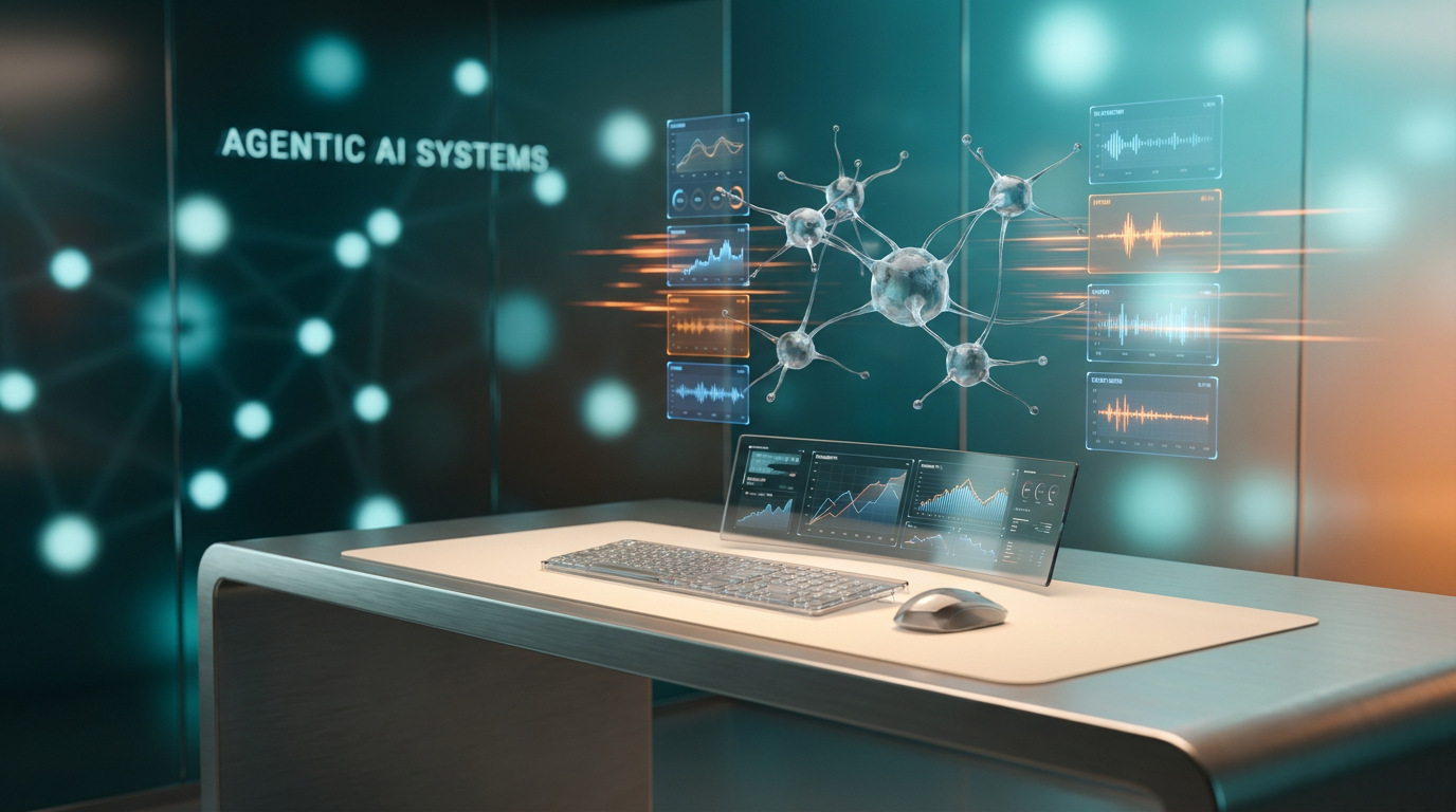 A hyper-realistic 8K photograph of an ultra-modern minimalist executive workspace, captured with an 85mm prime lens at f/1.8, featuring a shallow depth of field and creamy bokeh. The scene is illuminated with cinematic volumetric studio lighting, showcasing crisp specular reflections and a deep teal (`#116F76`) and soft cyan (`#C1E3E6`) ambient glow. The workspace includes a sleek, brushed metallic gray (`#E6E6E6`) desk with a soft warm cream (`#FFF4CE`) surface, adorned with high-tech hardware and architectural elements. Floating semi-transparent 3D neural nodes and glowing holographic system tiles hover above the desk, displaying geometric telemetry graphs and data pulses with a subtle burnt orange (`#E06719`) energetic light streak. The background features a gradient depth with reflective glass nodes, emphasizing the advanced technology and futuristic design of real-time adaptive context engines in Agentic AI systems, all within a 16:9 widescreen aspect ratio.