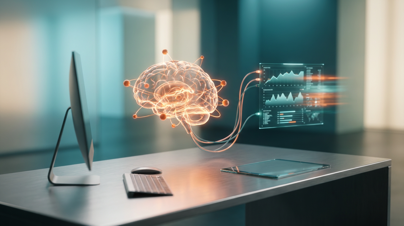 A hyper-realistic 8K photograph of an ultra-modern minimalist executive workspace, captured with an 85mm prime lens at f/1.8, featuring a shallow depth of field and creamy bokeh. The scene is illuminated with cinematic volumetric studio lighting, showcasing crisp specular reflections and a soft key light across the workspace surfaces. The workspace includes a sleek, brushed metallic gray desk with high-tech hardware and a large, semi-transparent 3D neural node floating above it, emitting a subtle energetic Burnt Orange glow. The node is connected to a holographic system tile displaying geometric telemetry graphs in Deep Teal and Soft Cyan, with data pulses of Burnt Orange streaking across the tile. The background features a gradient depth of Soft Cyan and Deep Teal, with a hint of Soft Warm Cream on the minimalist architectural elements, creating a harmonious blend of modern engineering and advanced AI technology.