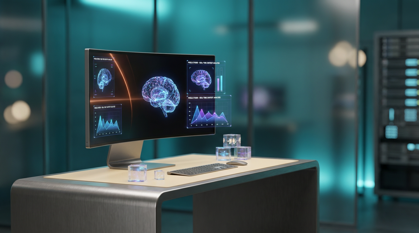 A hyper-realistic 8K photograph of an ultra-modern minimalist executive workstation, captured with an 85mm prime lens at f/1.8, featuring a shallow depth of field and creamy bokeh, showcasing a sleek, brushed metallic gray desk with a soft warm cream surface. The workspace is illuminated by ambient volumetric lighting in deep teal and soft cyan hues, with a subtle energetic light streak in burnt orange highlighting the focal point. The desk is adorned with floating semi-transparent 3D neural nodes, glowing holographic system tiles, and geometric telemetry graphs that pulse with automated data, all reflecting the cinematic volumetric studio lighting. The background features a gradient depth in deep teal and soft cyan, with crisp specular reflections on high-tech hardware and architectural elements. The scene embodies the advanced capabilities of real-time context analysis, optimizing user experiences and enhancing funnel efficiency, as envisioned by Pixels Studio.